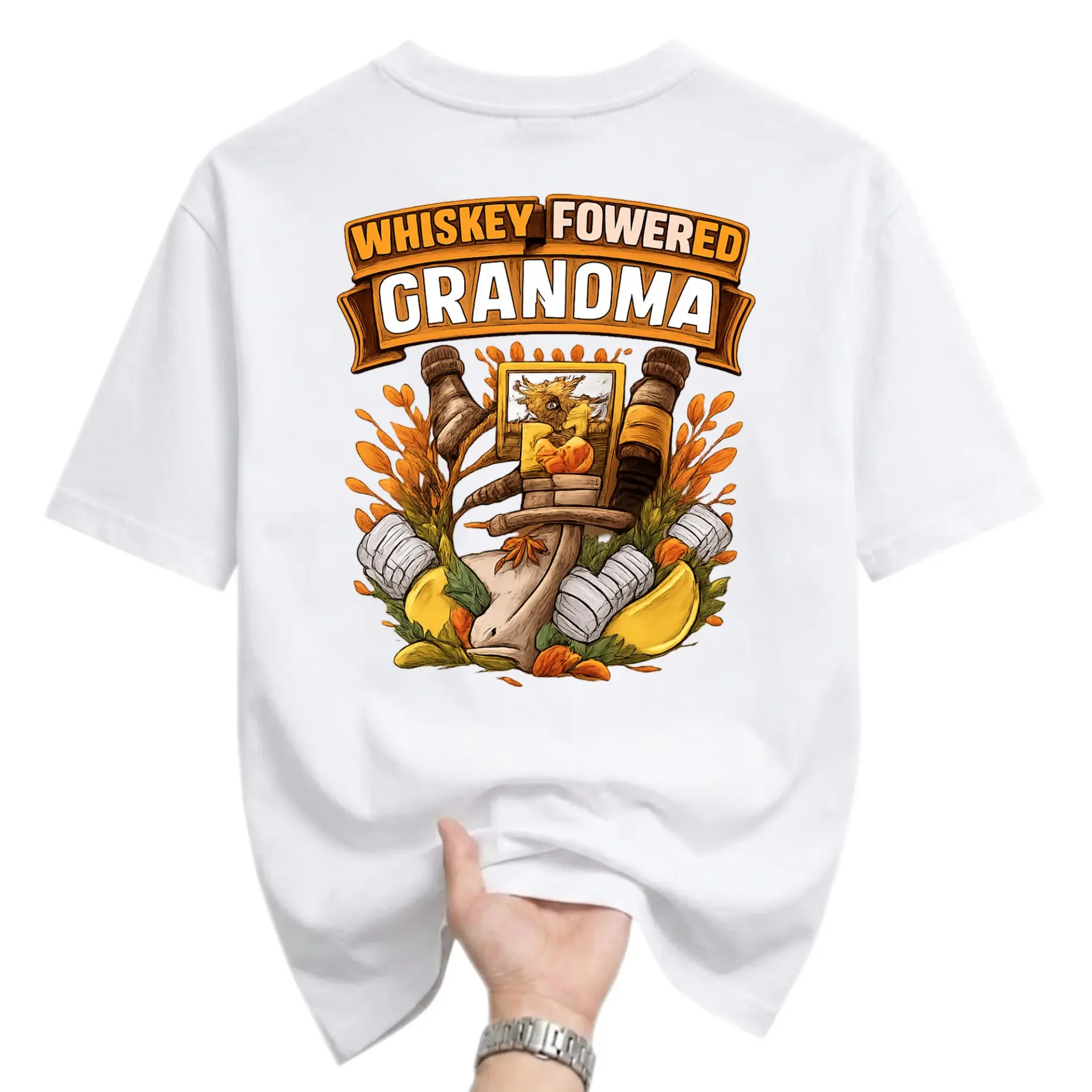 Funny Shirt Whiskey Powered Grandma Graphic Tee Retro Style Illustration Casual Unisex Cotton Crew Neck Top