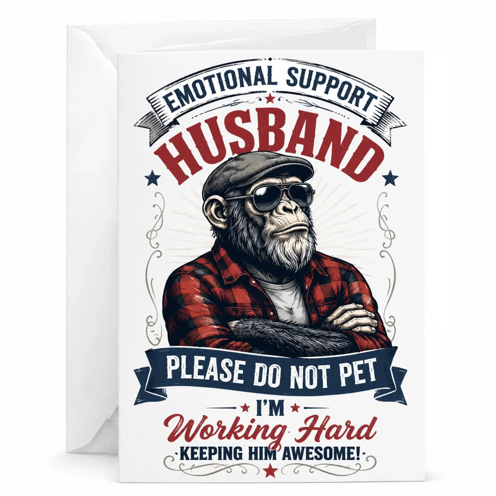 Funny Emotional Support Husband Greeting Card with Monkey Illustration for Anniversary or Birthday Gift 5x7 Inches