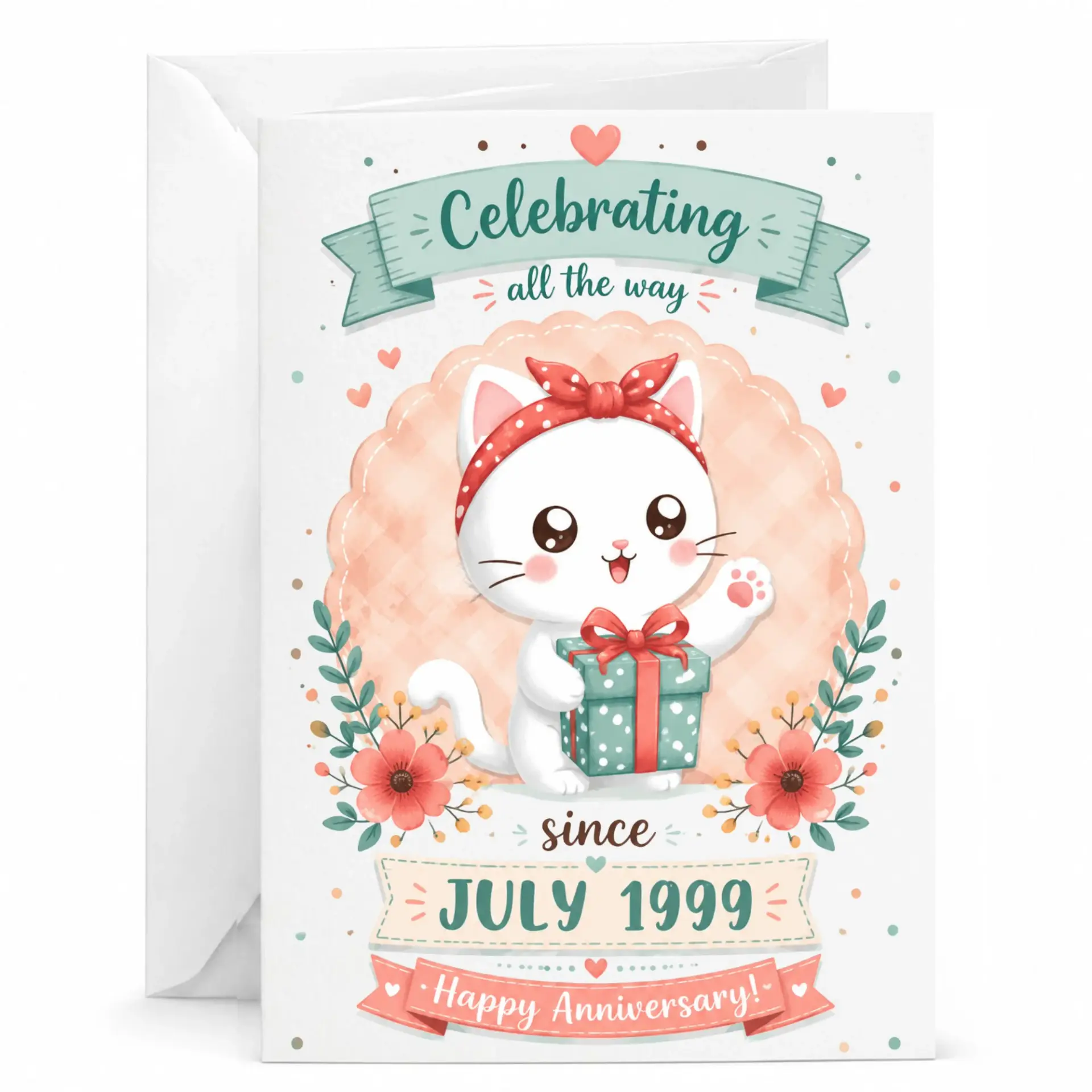 Celebrating All the Way Greeting Card with Cute Cat Illustration for Anniversary or Birthday Milestone Gift 5x7 Inches