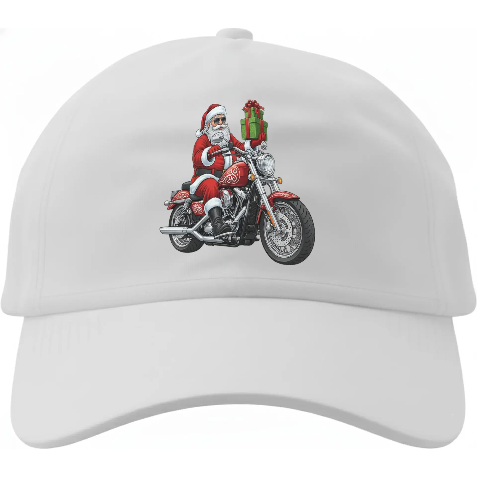 Dad Hat Baseball Cap Featuring a Cool Santa Claus Riding a Motorcycle Carrying Holiday Gifts for Seasonal Fashion