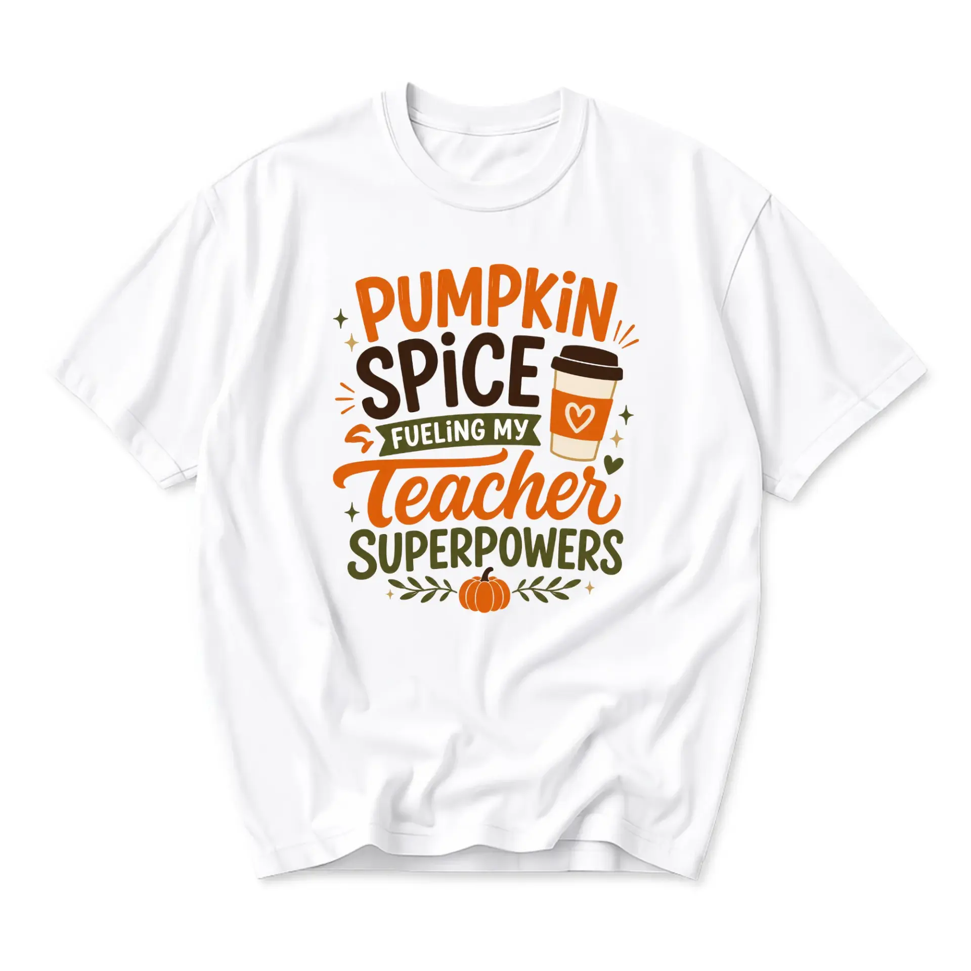 Graphic Tee Pumpkin Spice Fueling My Teacher Superpowers Shirt Seasonal Autumn Crew Neck Unisex Short Sleeve Top