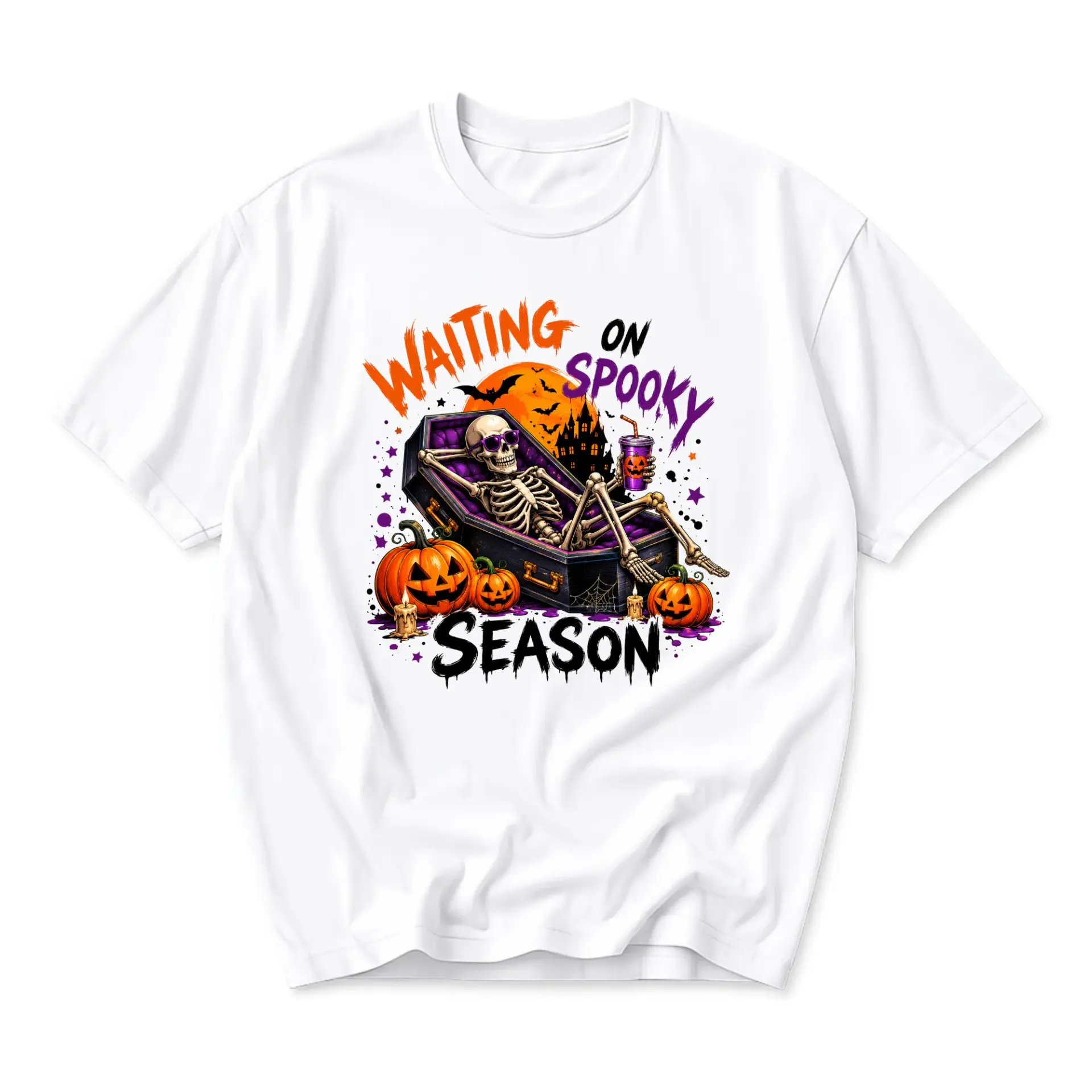 Funny Shirt Skeleton Relaxing in Coffin Waiting on Spooky Season Graphic Printed Unisex Crew Neck T-Shirt Apparel