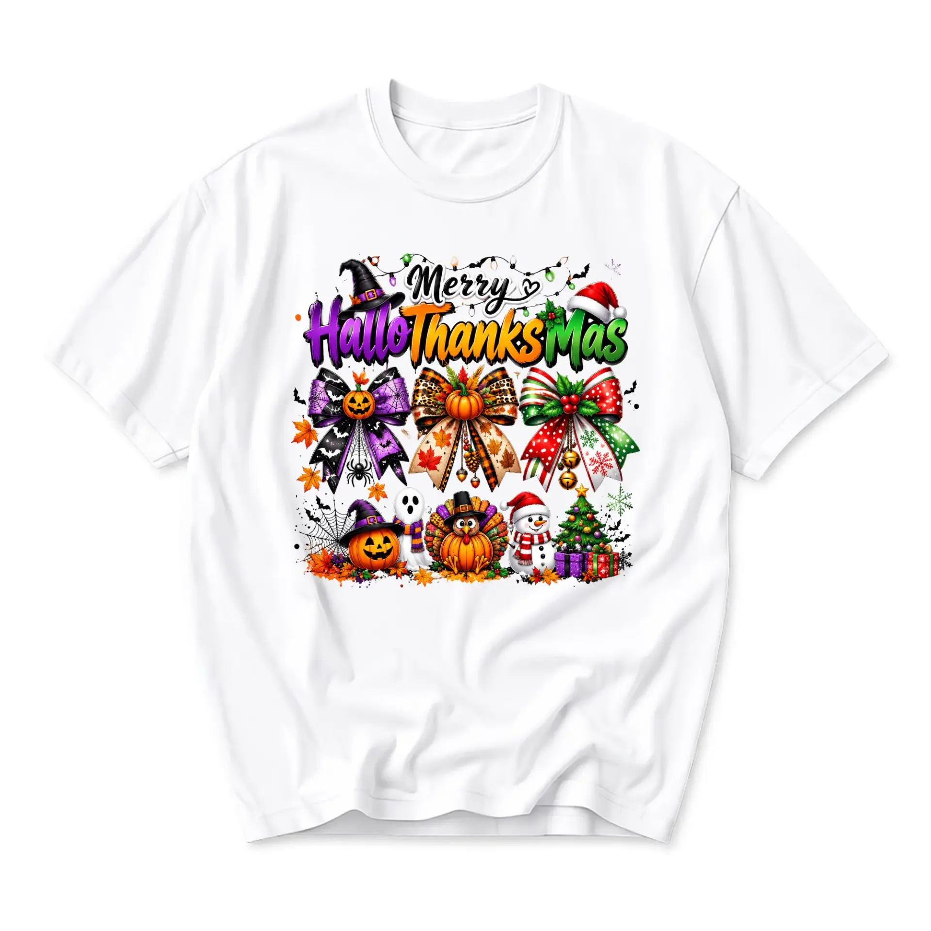 Graphic Tee Merry Hallothanksmas Shirt Holiday Season Pumpkin Turkey Snowman Print Unisex Crew Neck Casual Wear