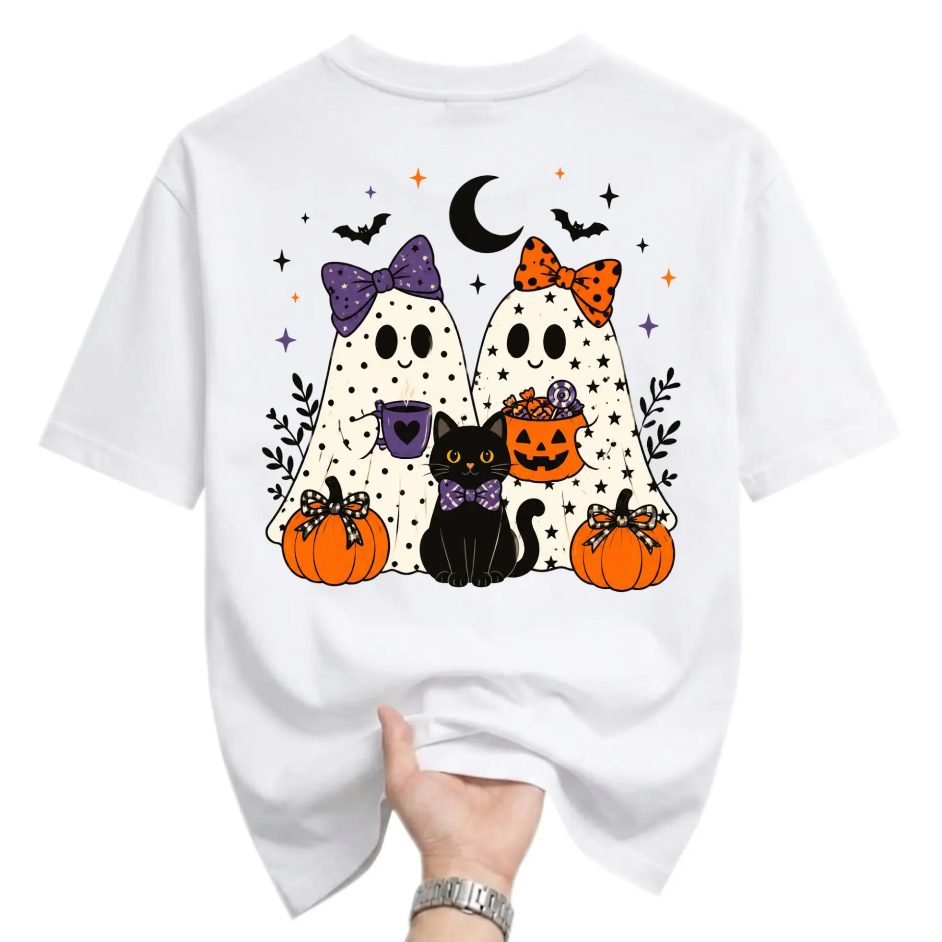 Graphic Tee Cute Halloween Ghost Pair with Black Cat Wearing Bows Pumpkin Art Unisex Short Sleeve Crew Neck T-Shirt