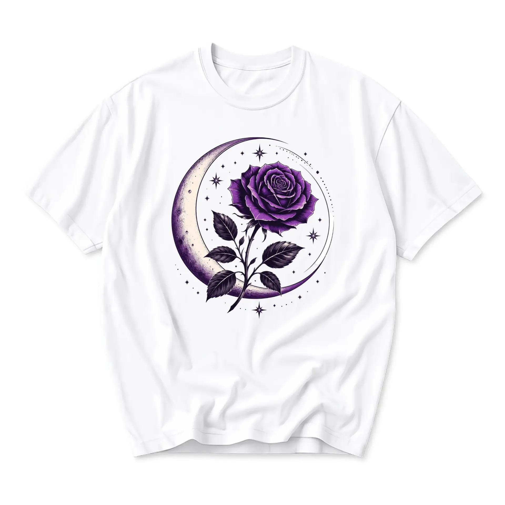 T-shirt Graphic Rose and Crescent Moon Celestial Floral Print Apparel Unisex Casual Crew Neck Soft Cotton Tee White