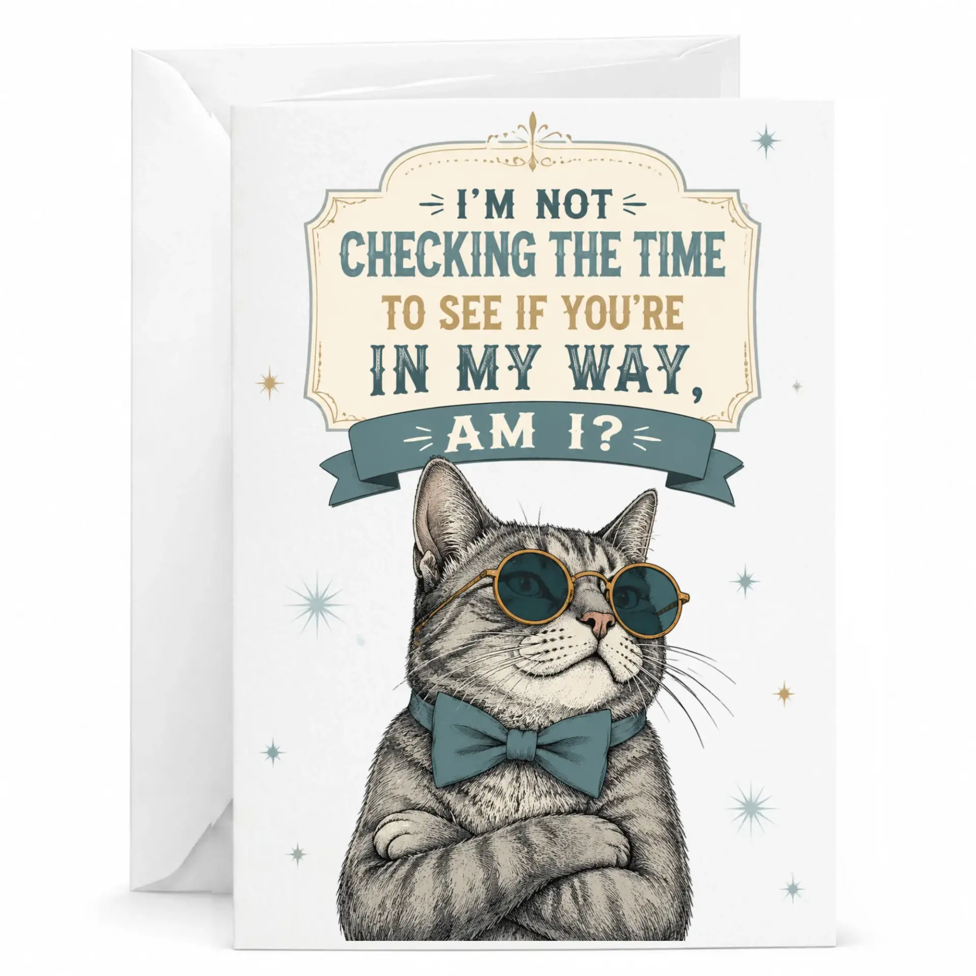 Funny Cat Greeting Card with Envelope Humorous Sarcastic Tabby in Bow Tie and Sunglasses Design for Any Occasion