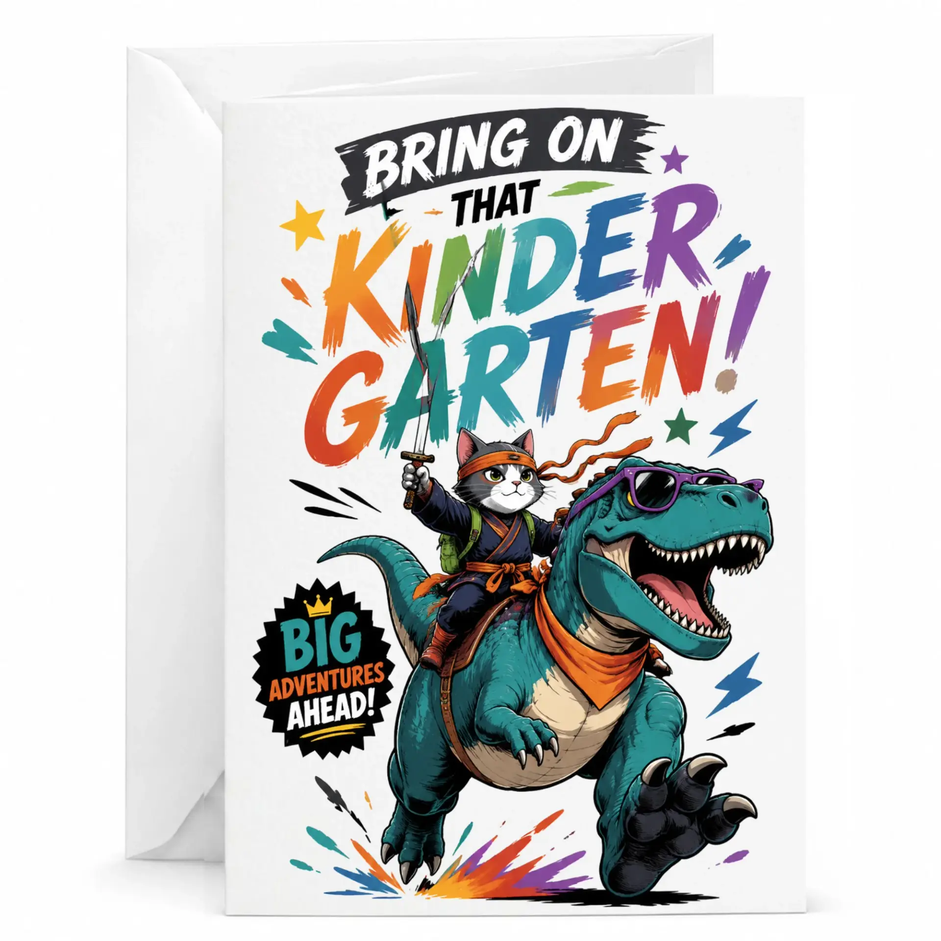 Funny Cat Riding Dinosaur Greeting Card for and 5x7 Inch Folded Note with Envelope