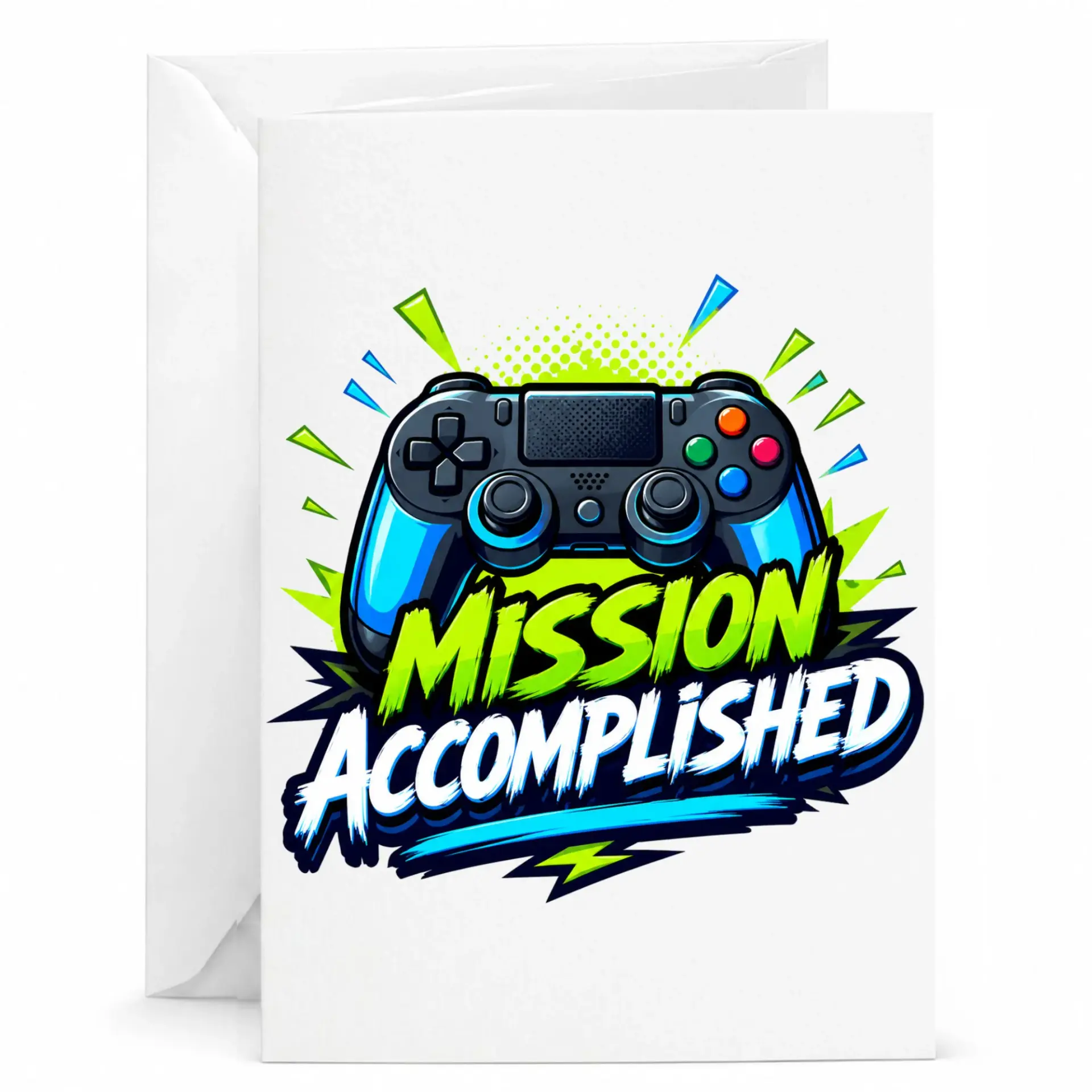 Mission Accomplished Funny Video Game Greeting Card for Achievements and Celebrations, 5x7 Folded Stationery