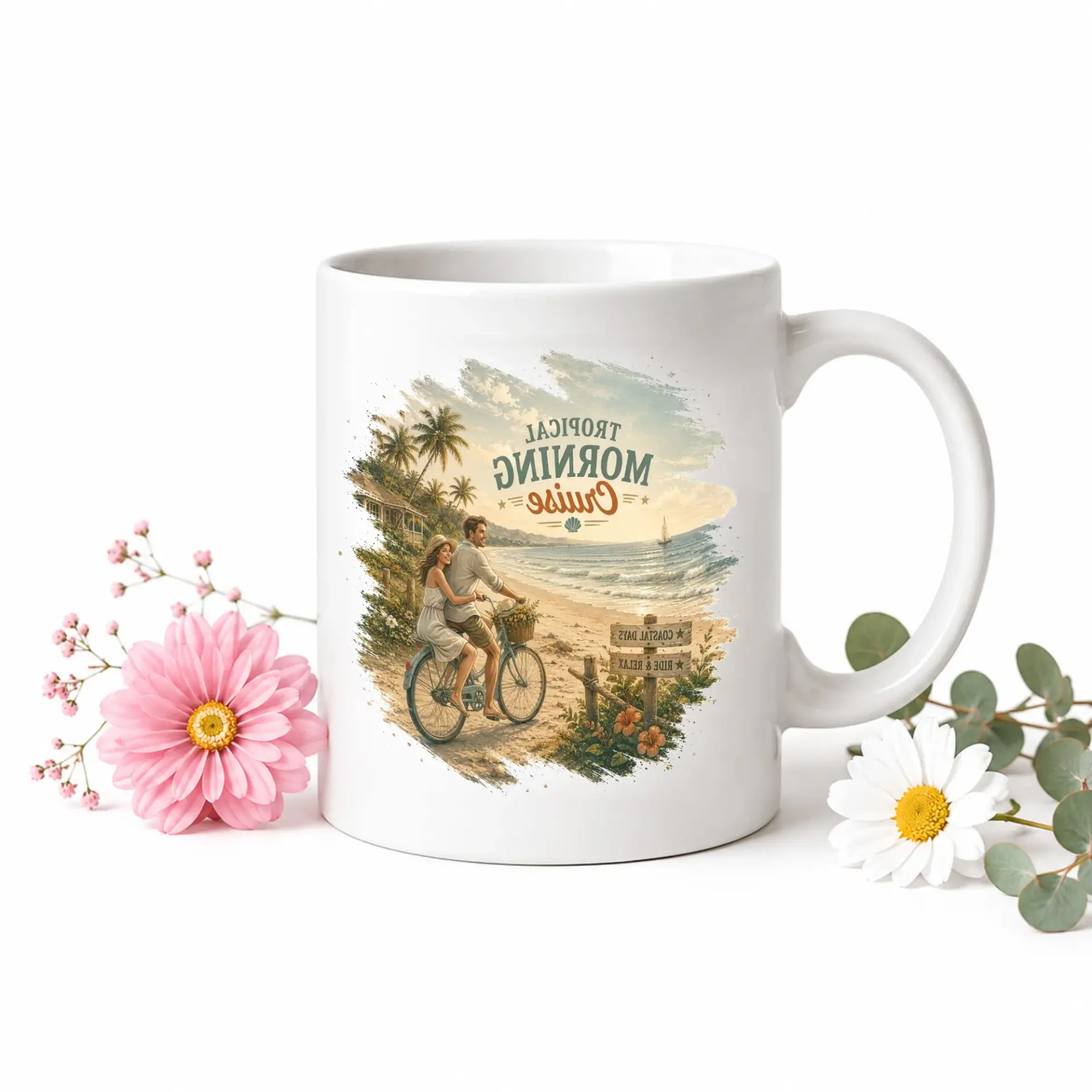 Tropical Morning Cruise Coffee Mug Ceramic Beverage Cup Featuring Bicycle Vacation Artwork Design