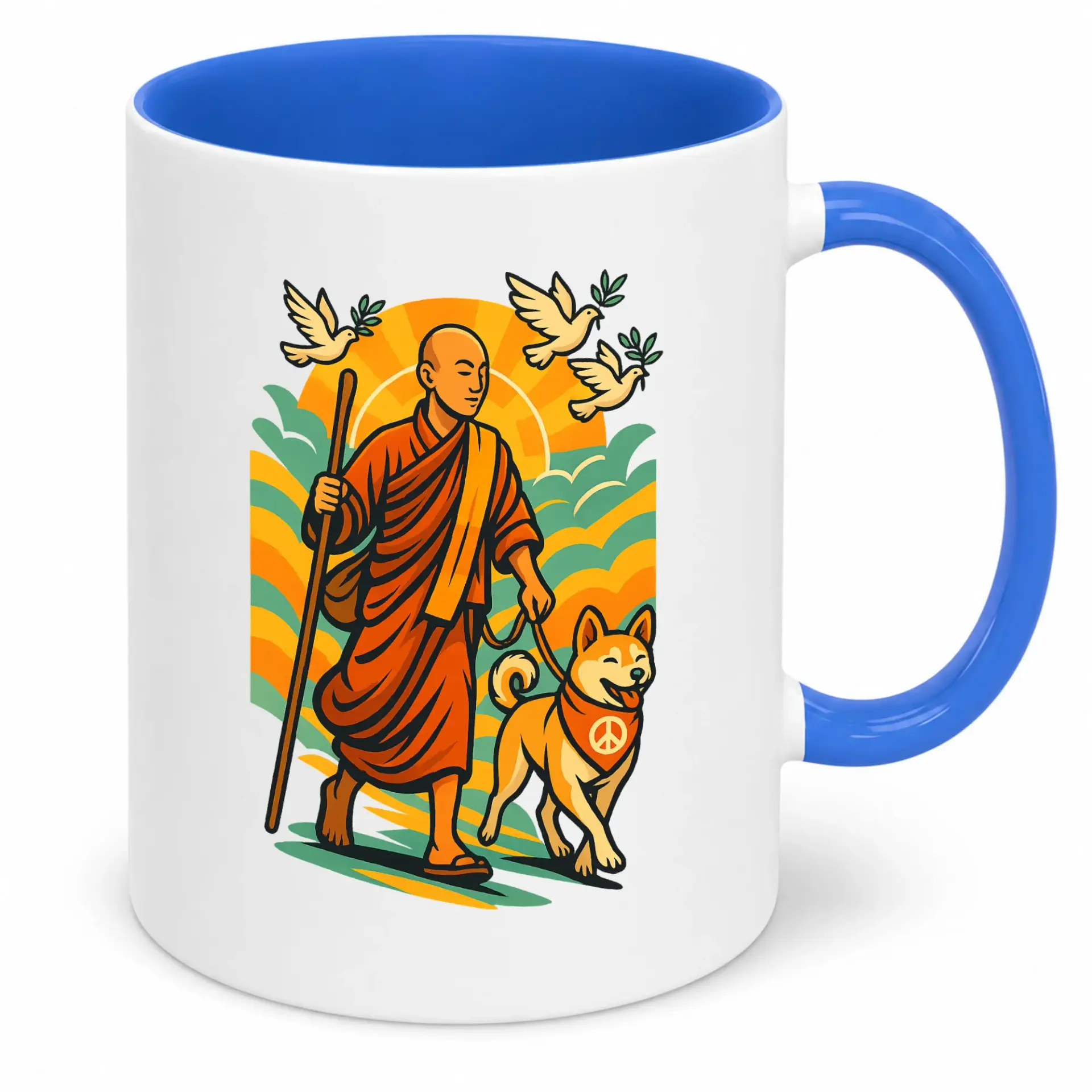 Peaceful Monk and Shiba Inu Dog Ceramic Coffee Mug with Serene Sunset Doves Design, Thoughtful Spiritual Themed Beverage Cup