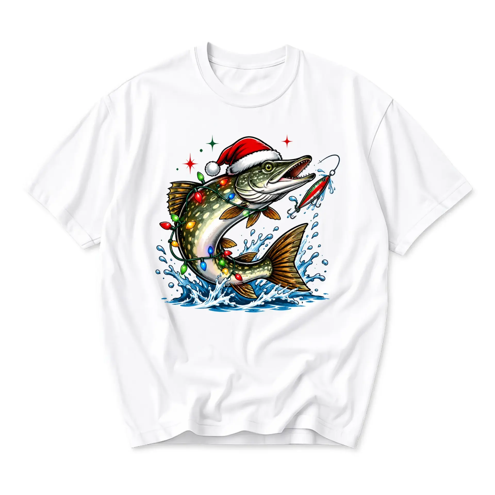 Graphic Tee Unisex Christmas Fishing Shirt Featuring a Festive Holiday Pike