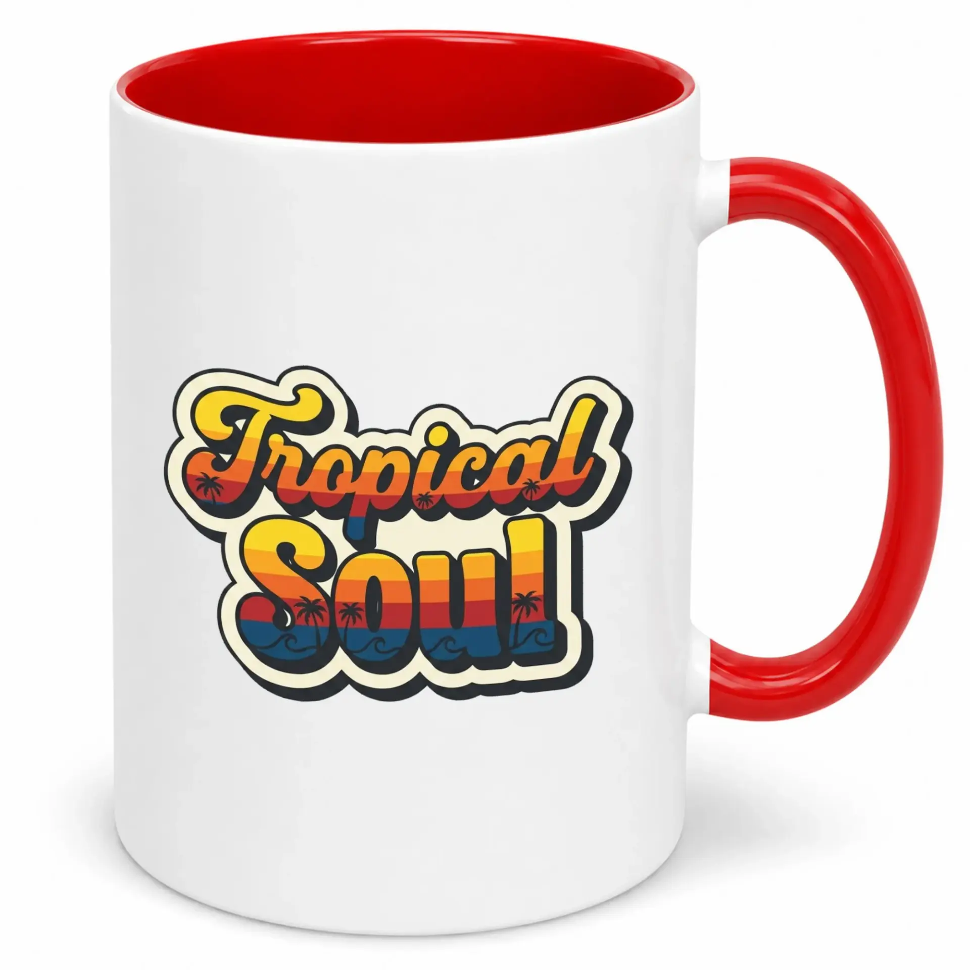 Coffee Mug with Tropical Soul Retro Sunset Palm Tree Design, Unique Ceramic Beverage Cup for Beach Lovers and Island Dreamers