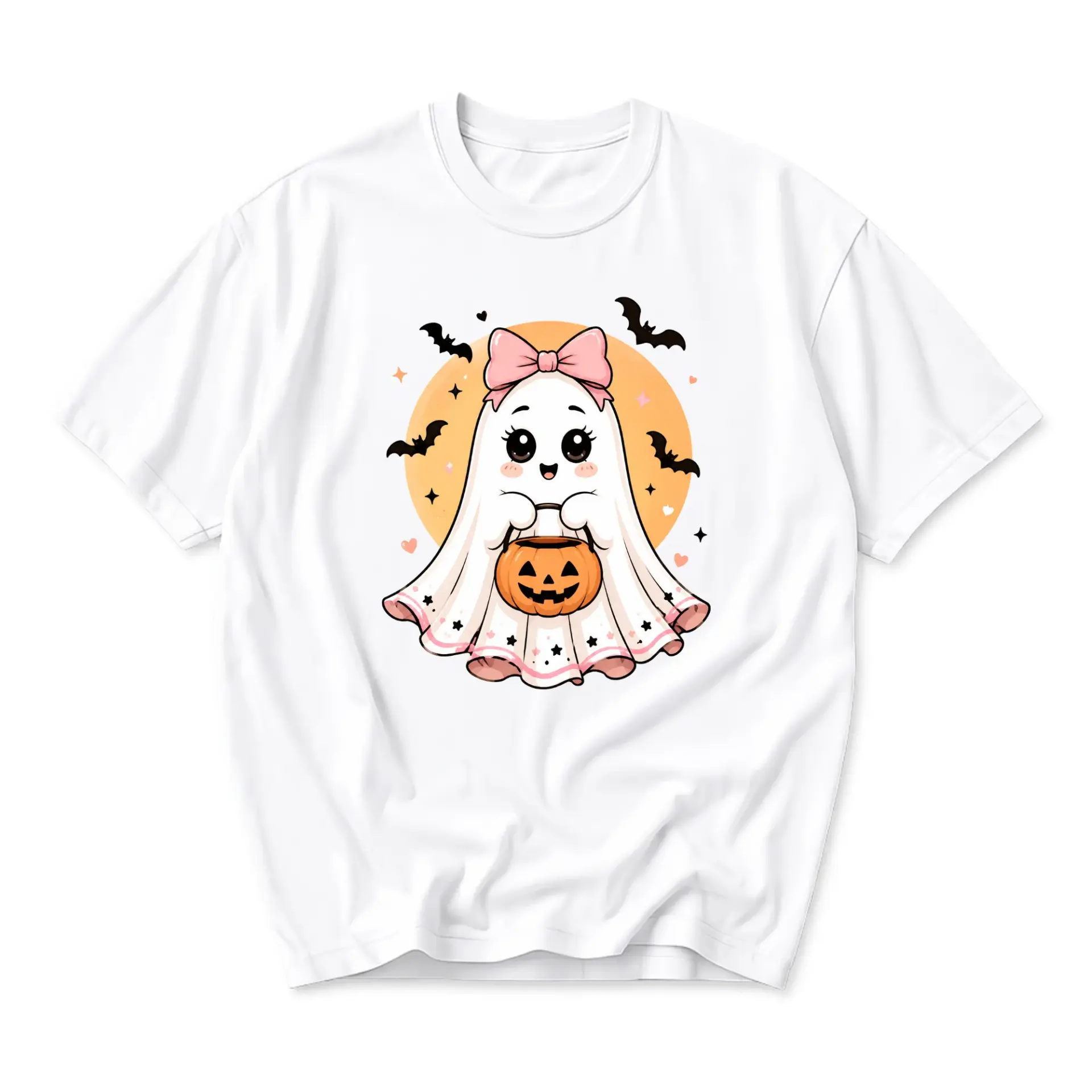 Graphic Tee Cute Ghost Holding Pumpkin Basket Autumn Halloween Apparel Casual Unisex Crew Neck Cotton Blend Shirt