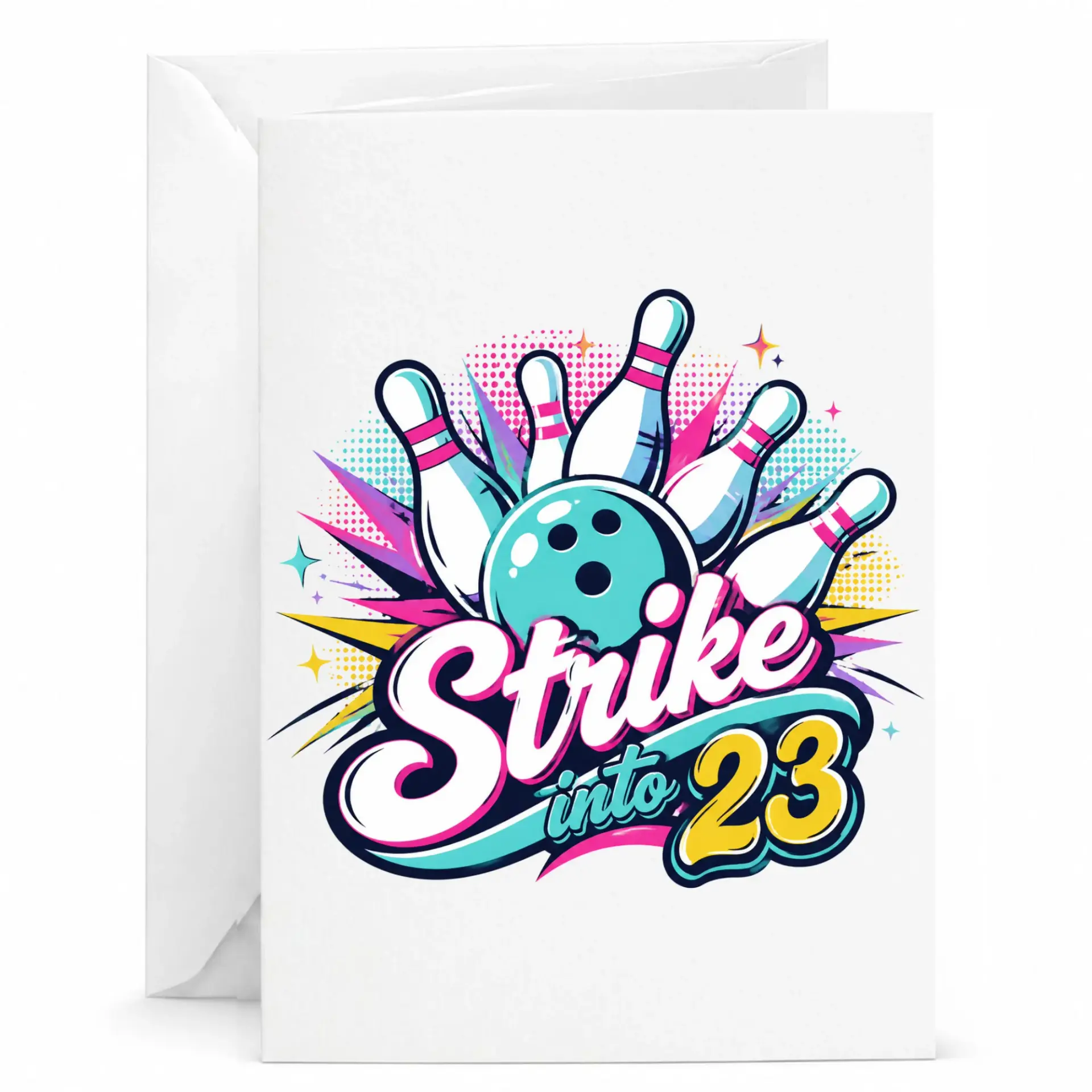 Funny Bowling Birthday Greeting Card, Strike into 23 Sports Theme Party Note Card for Bowler Friend with White Envelope