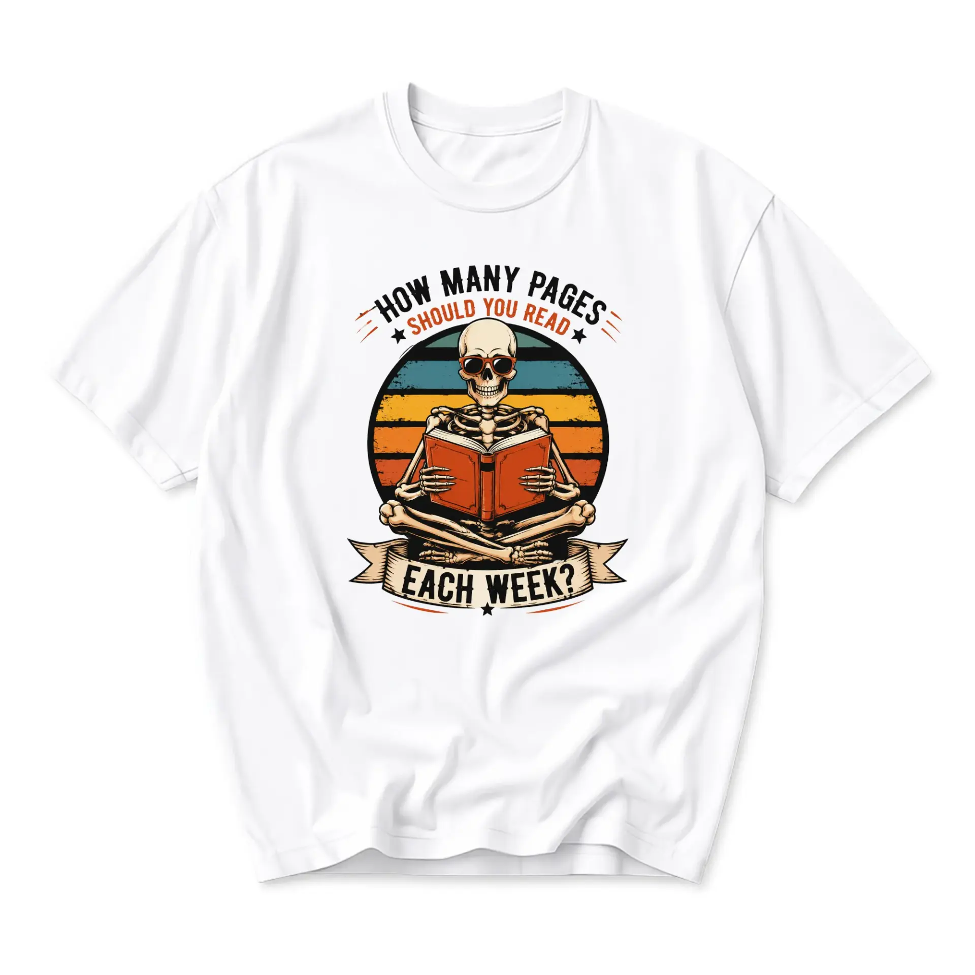 Funny Shirt for Readers Featuring a Skeleton with Book Graphic Design Casual Cotton Crew Neck Unisex Tee White Shirt