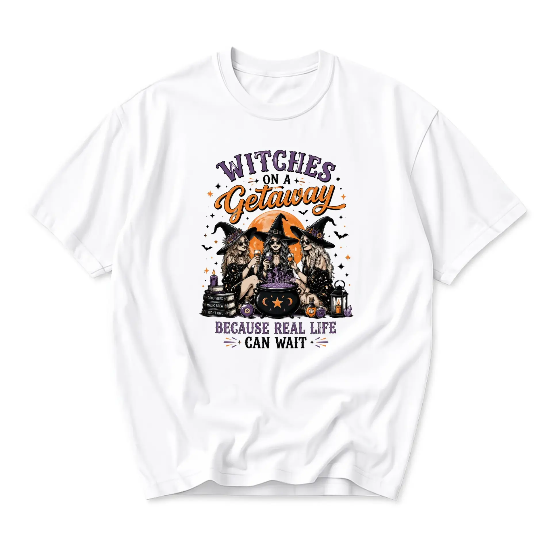 Funny Shirt Witches on a Getaway Graphic Tee Casual Short Sleeve Crew Neck Unisex Cotton Blend Top for Holiday Enthusiasts
