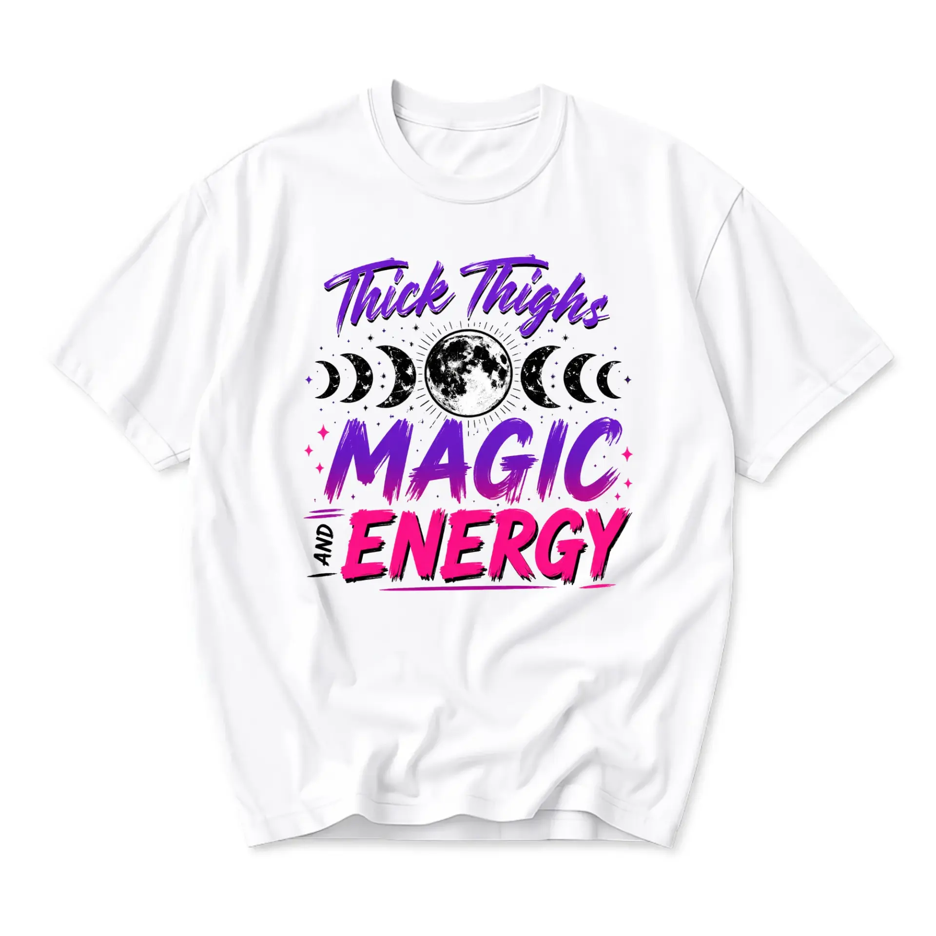 Funny Shirt Thick Thighs Magic and Energy Graphic Tee Celestial Moon Phase Unisex Cotton Casual Everyday Apparel