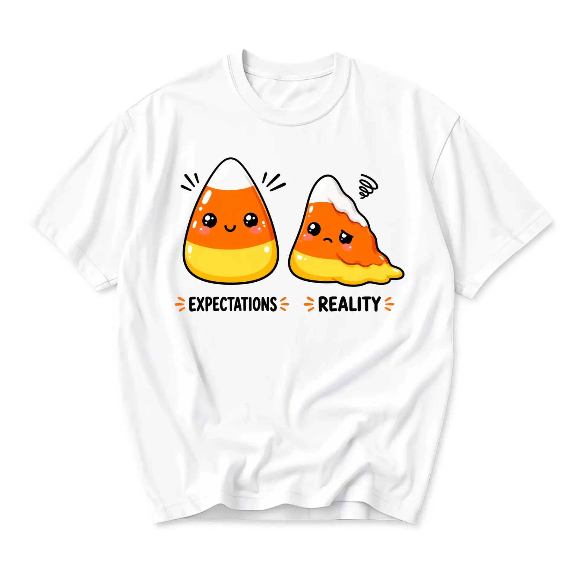 Funny Shirt Expectations Vs Reality Candy Corn Graphic Unisex Tee Casual Everyday Crew Neck Cotton Blend Top
