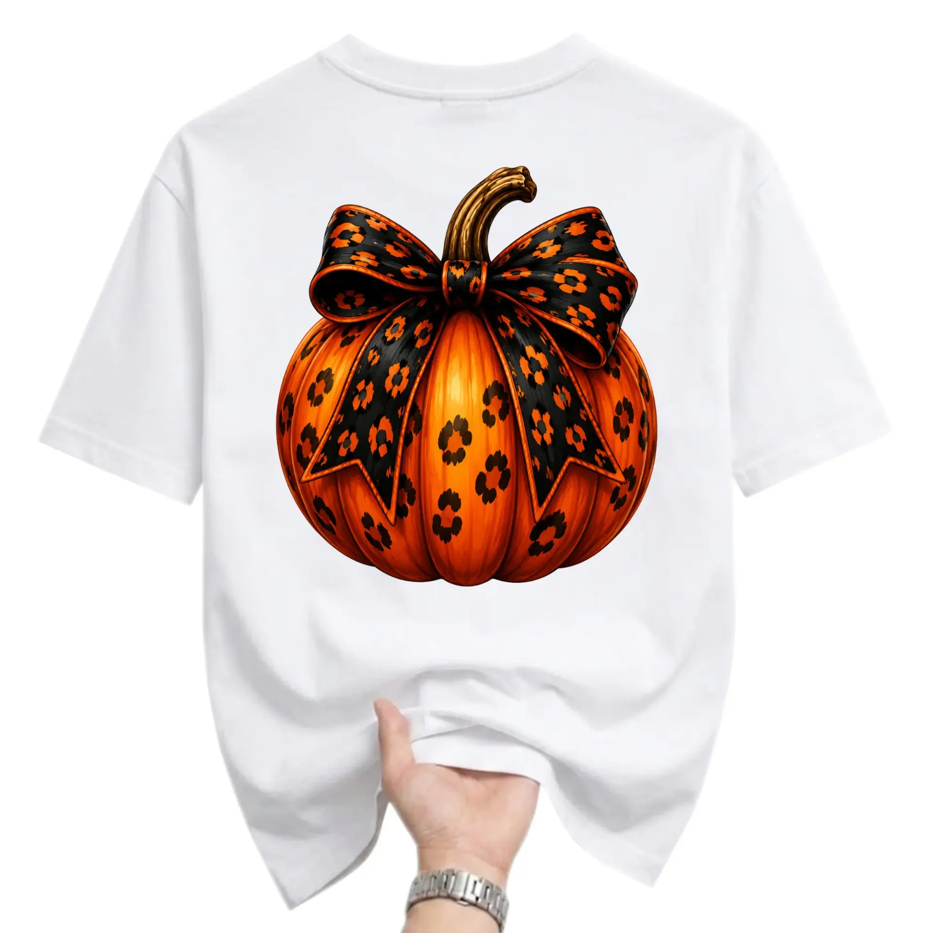 Graphic Tee Unisex Pumpkin Shirt with Leopard Print Bow Fall Seasonal Autumn Clothing for Casual Wear Everyday Style