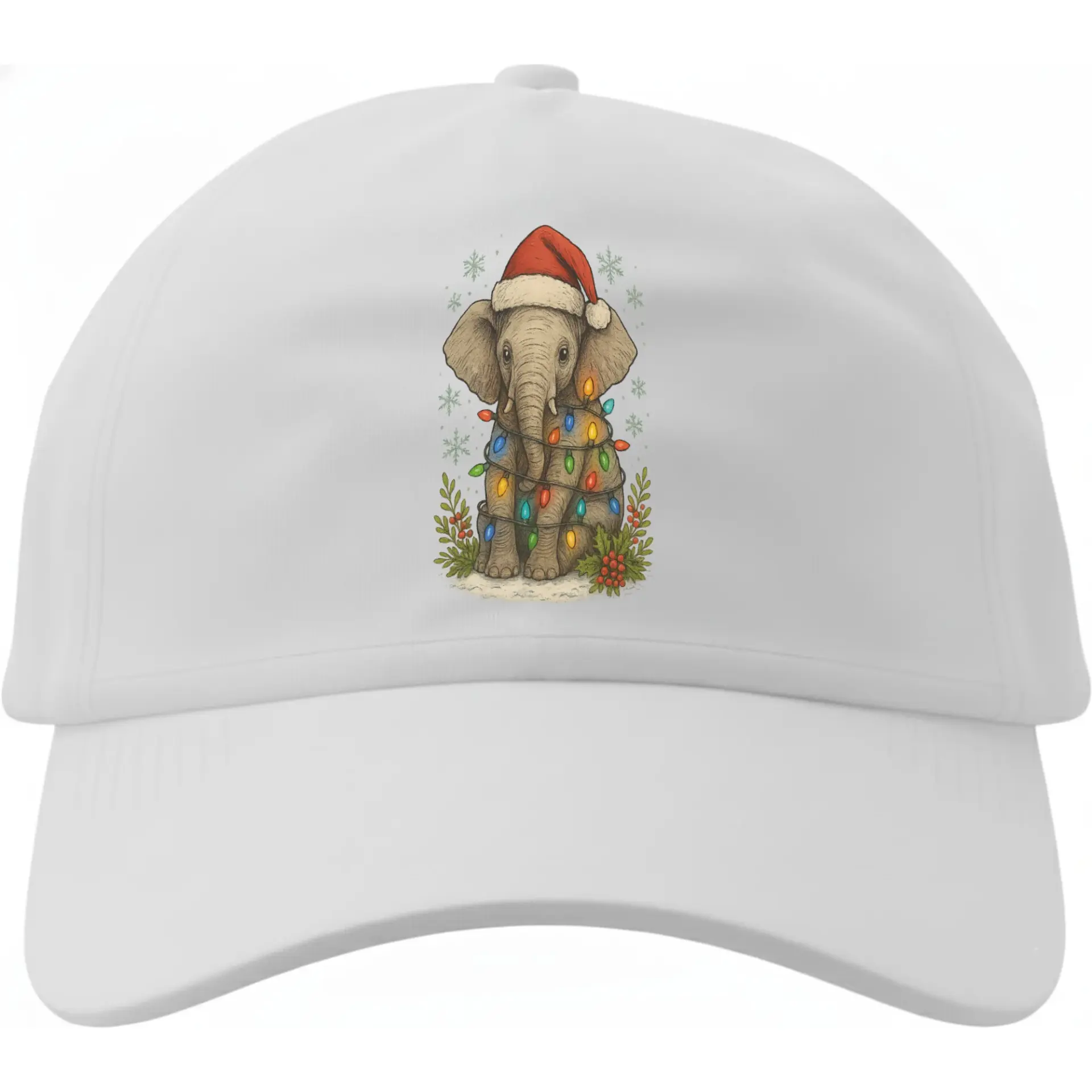 Baseball Cap Featuring Cute Elephant Wrapped in Christmas Lights Wearing Santa Hat for Festive Seasonal Style