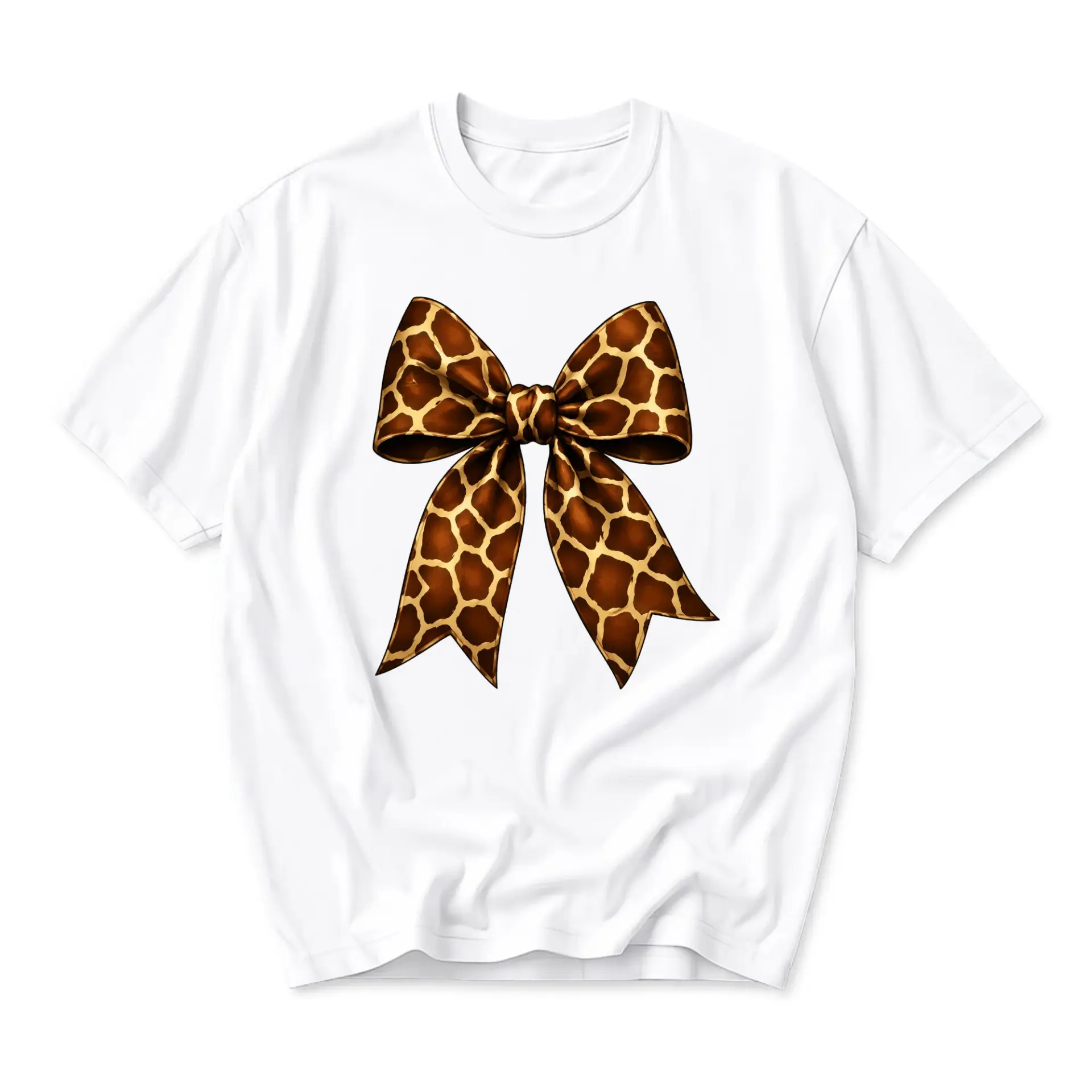 Graphic Tee Unisex Crew Neck Shirt Featuring Elegant Giraffe Print Bow Ribbon Design for Casual Daily Wear Style