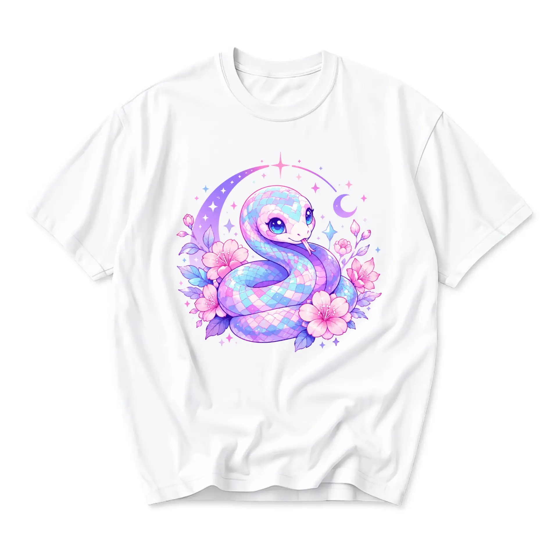 Graphic Tee Cute Snake with Flowers and Crescent Moon Aesthetic Unisex Crew Neck Soft Cotton Casual Everyday Top