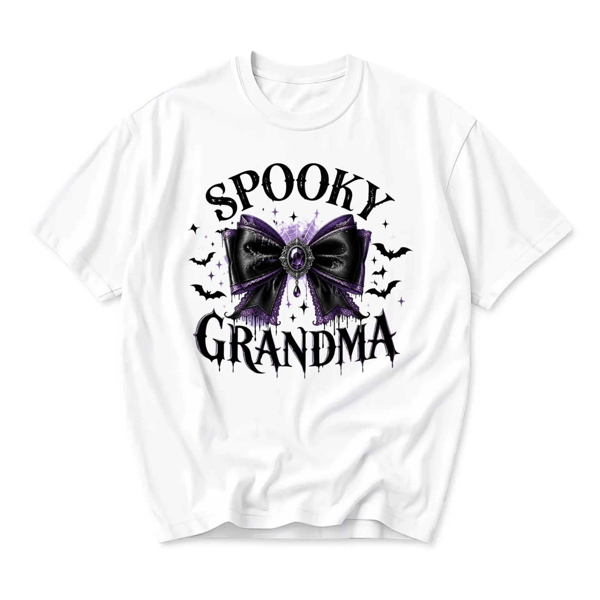 Funny Shirt Spooky Grandma Halloween Graphic Tee Gift for Women Gothic Bow Unisex Crew Neck Casual Cotton Top Apparel