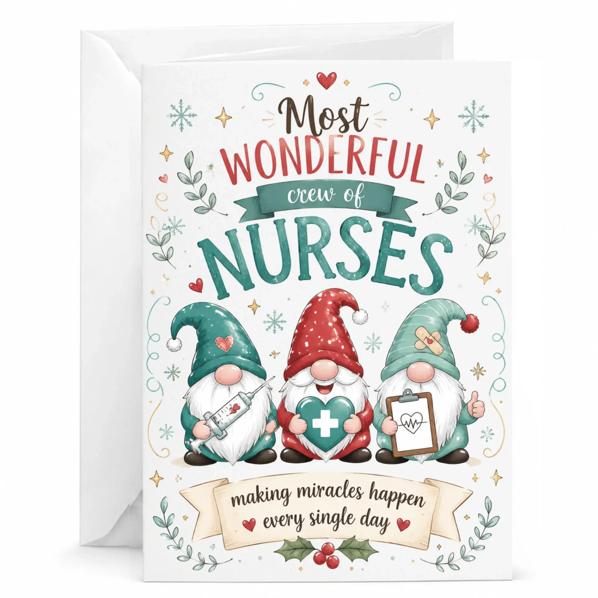 Greeting Card Most Wonderful Crew of Nurses Gnomes Medical Theme Note Card for Nursing Staff Appreciation Holiday