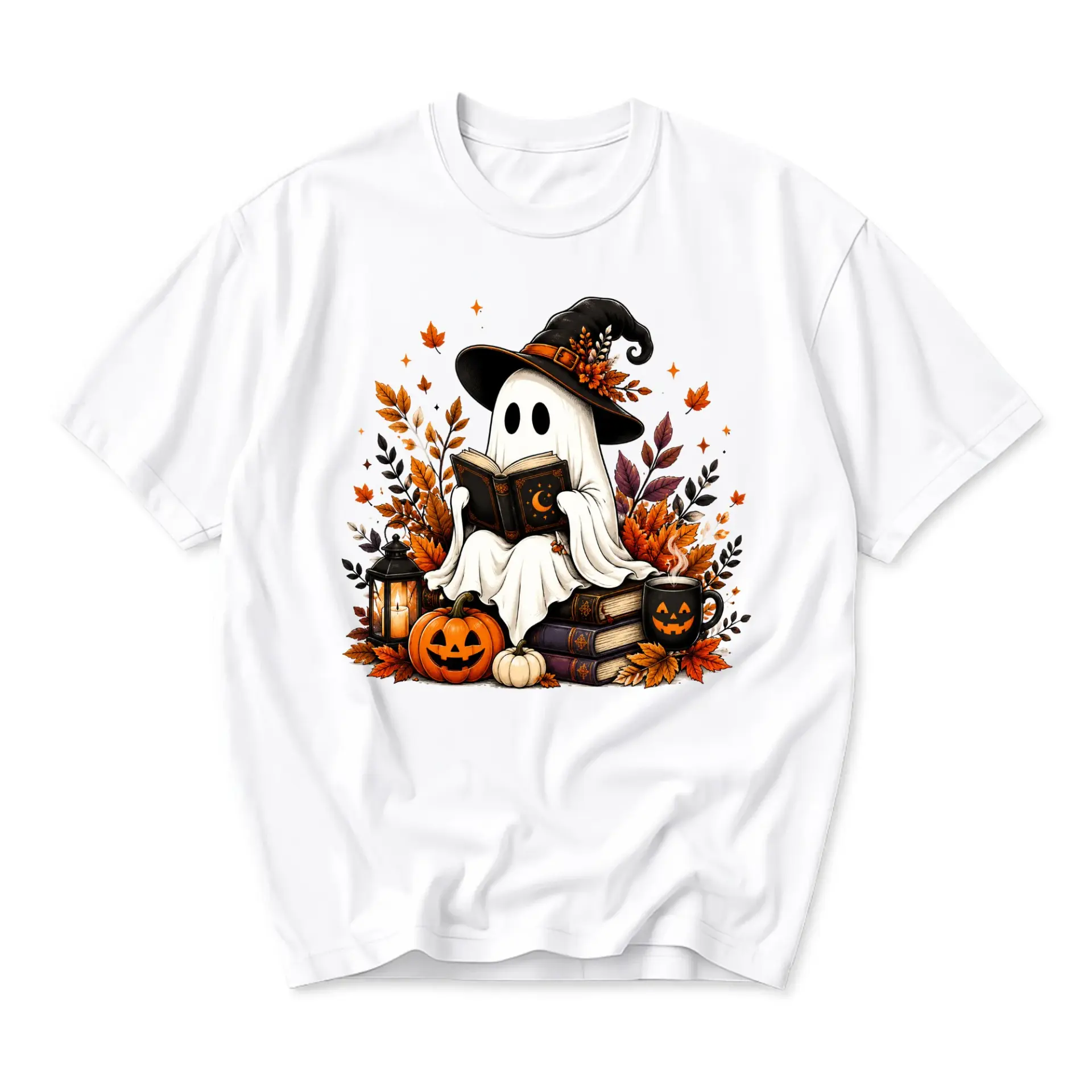 Graphic Tee Unisex Crew Neck Short Sleeve Shirt Featuring Reading Ghost with Autumn Pumpkins and Fall Foliage Design