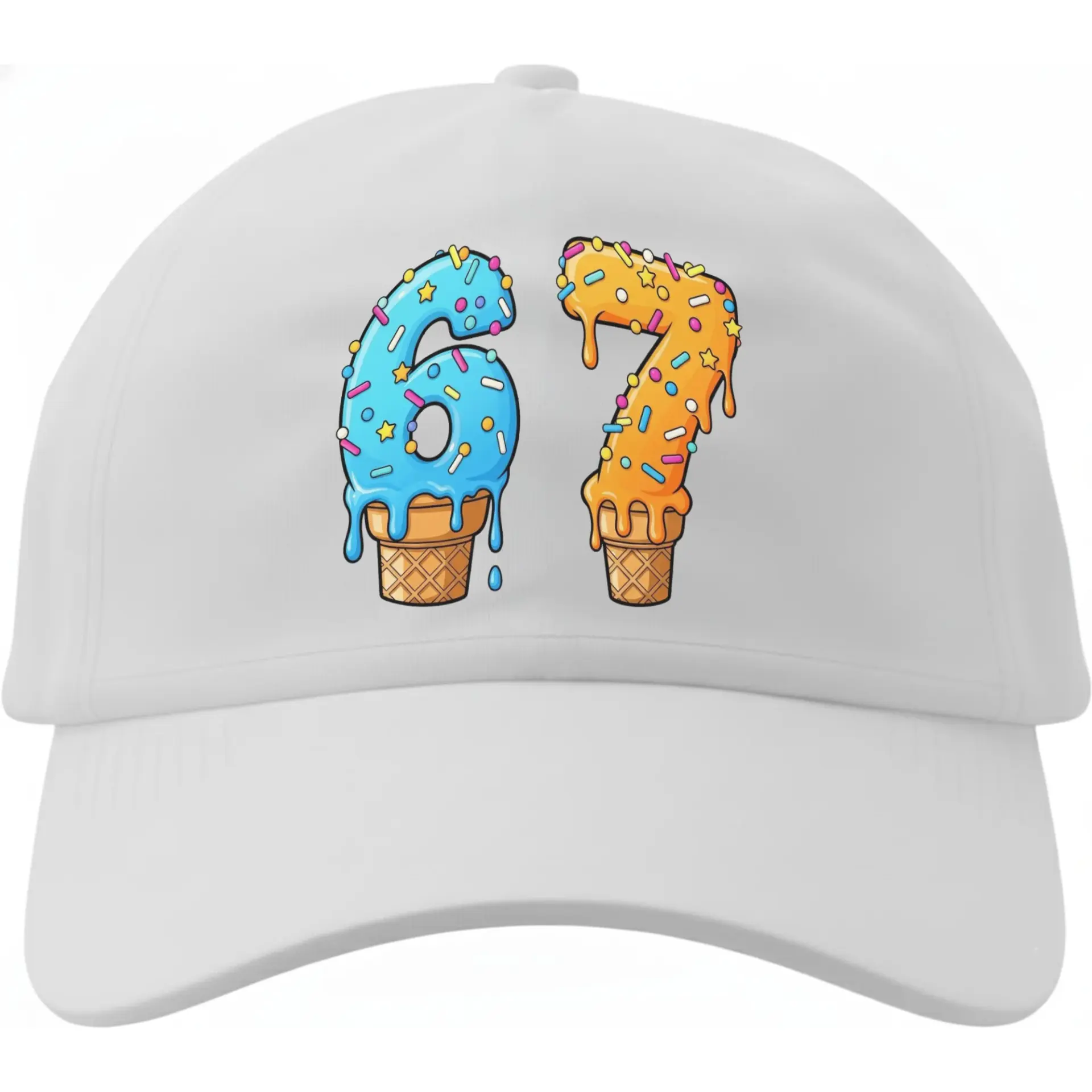 Baseball Cap Featuring Melted Ice Cream Number Sixty Seven Graphic Design for Casual Everyday Style and Sun Protection