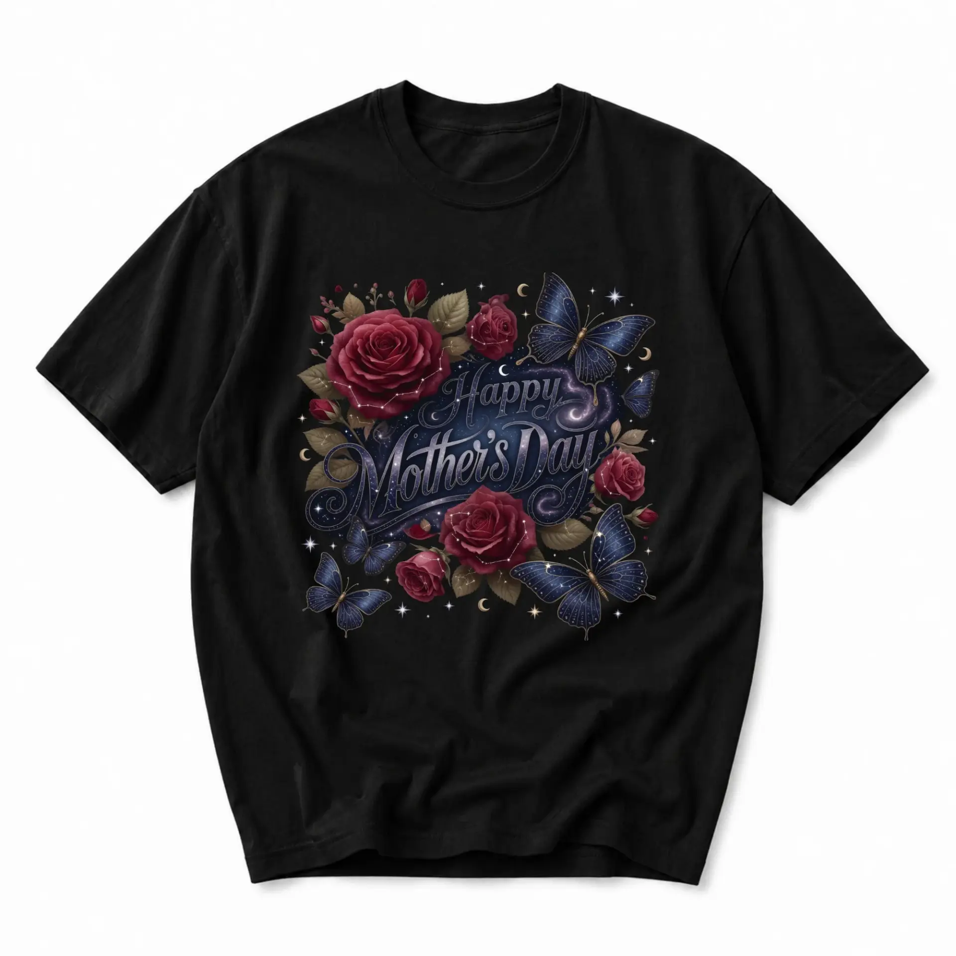 Graphic Tee Happy Mother's Day Floral Butterfly Print Black Unisex Short Sleeve Crew Neck Cotton Blend Casual Shirt