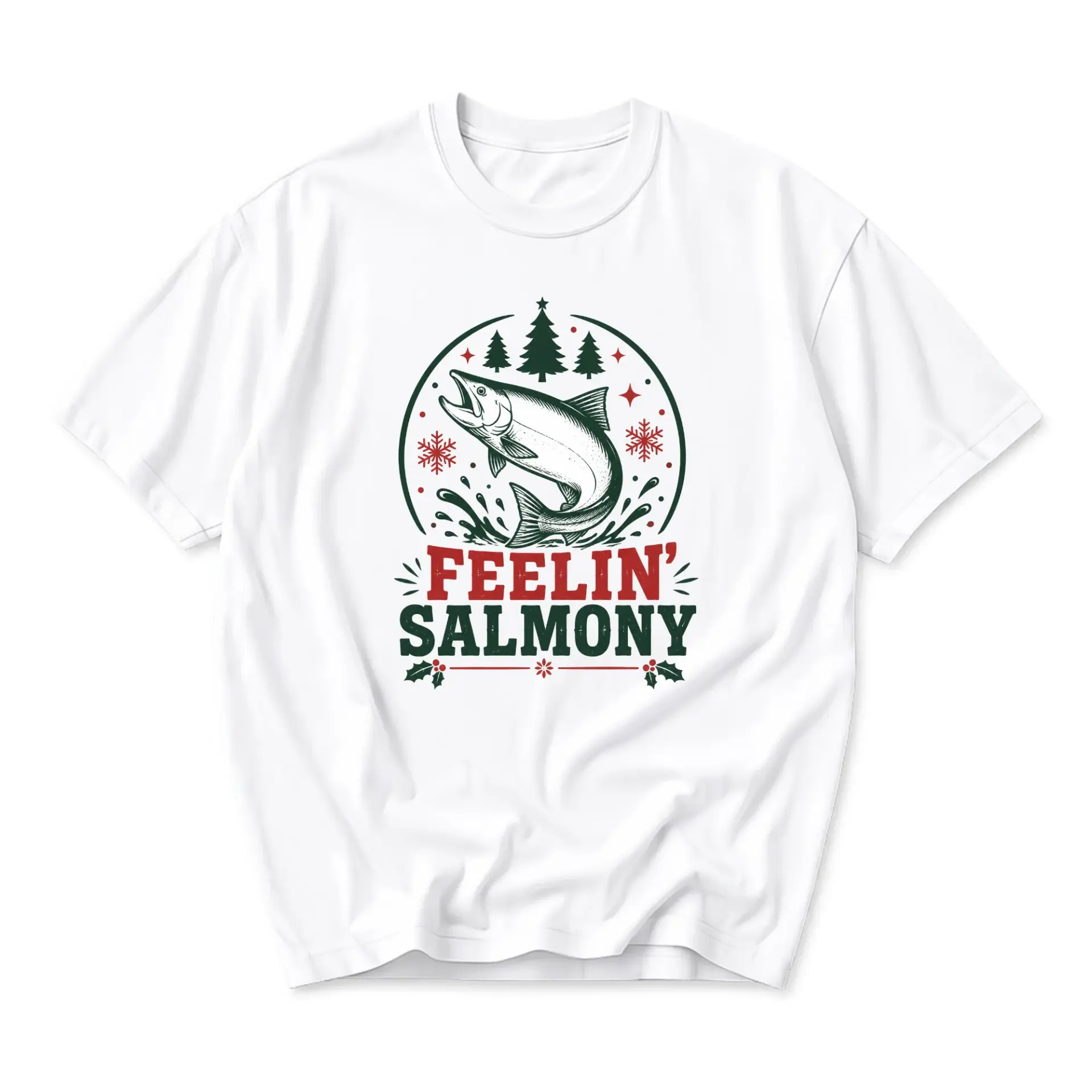 Funny Shirt Feelin Salmony Holiday Graphic Tee Unisex Short Sleeve Crew Neck Casual Cotton Blend Apparel White