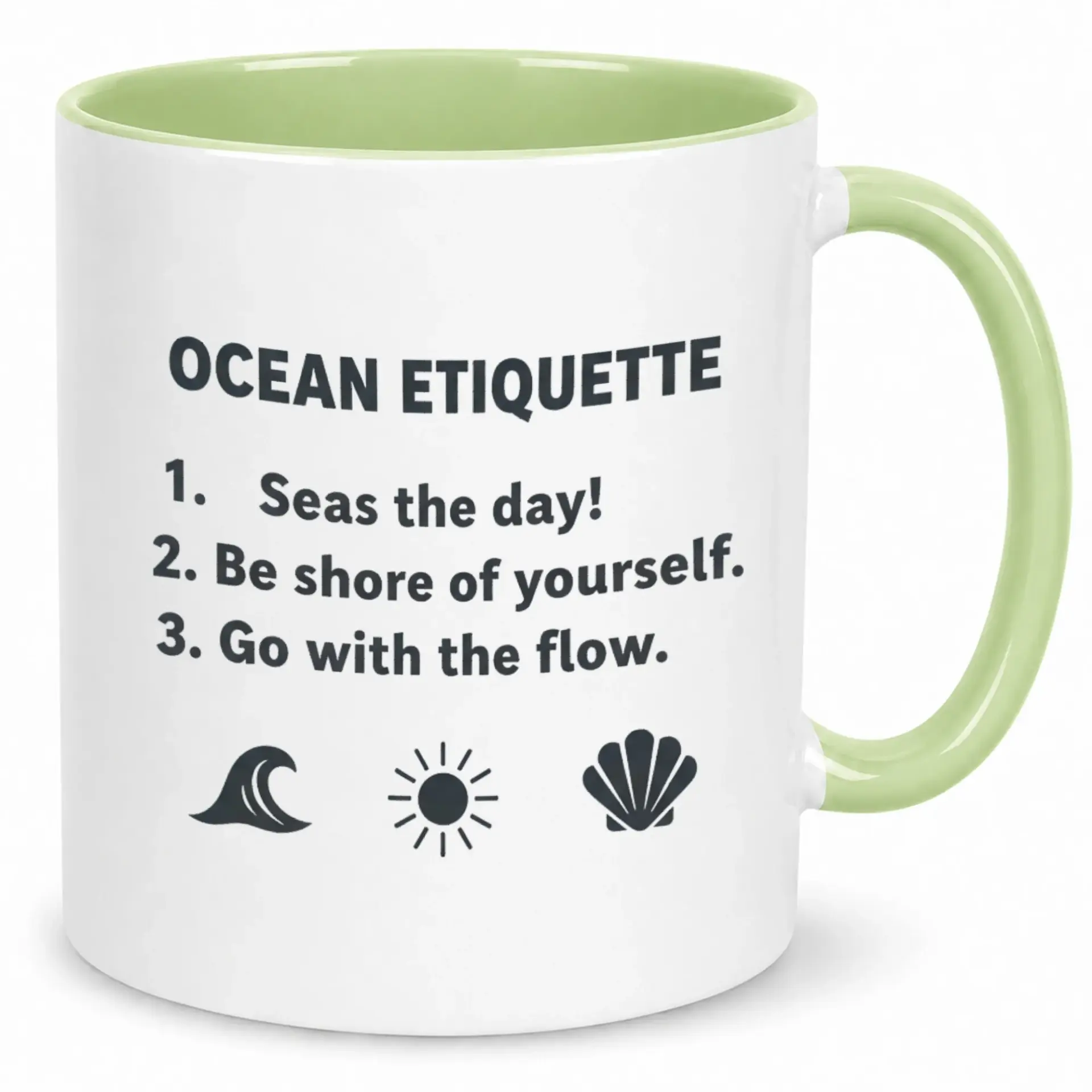Funny Ocean Etiquette Ceramic Coffee Mug with Beach Puns and Seaside Icons Unique Gift for Lovers Pun Enthusiasts