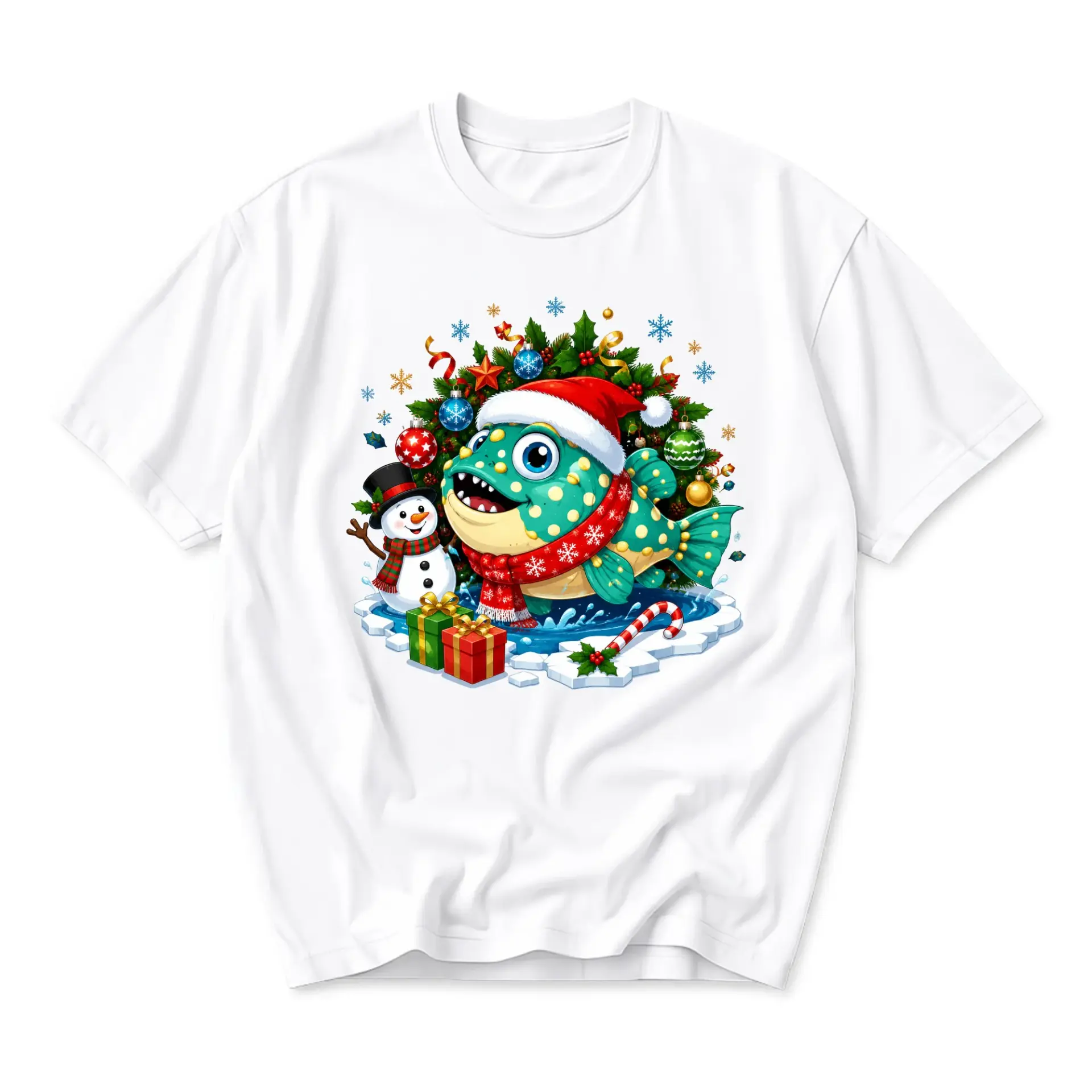 Graphic Tee Christmas Wearing Santa Hat and Scarf Unisex Casual Crew Neck T-Shirt for Holiday Season