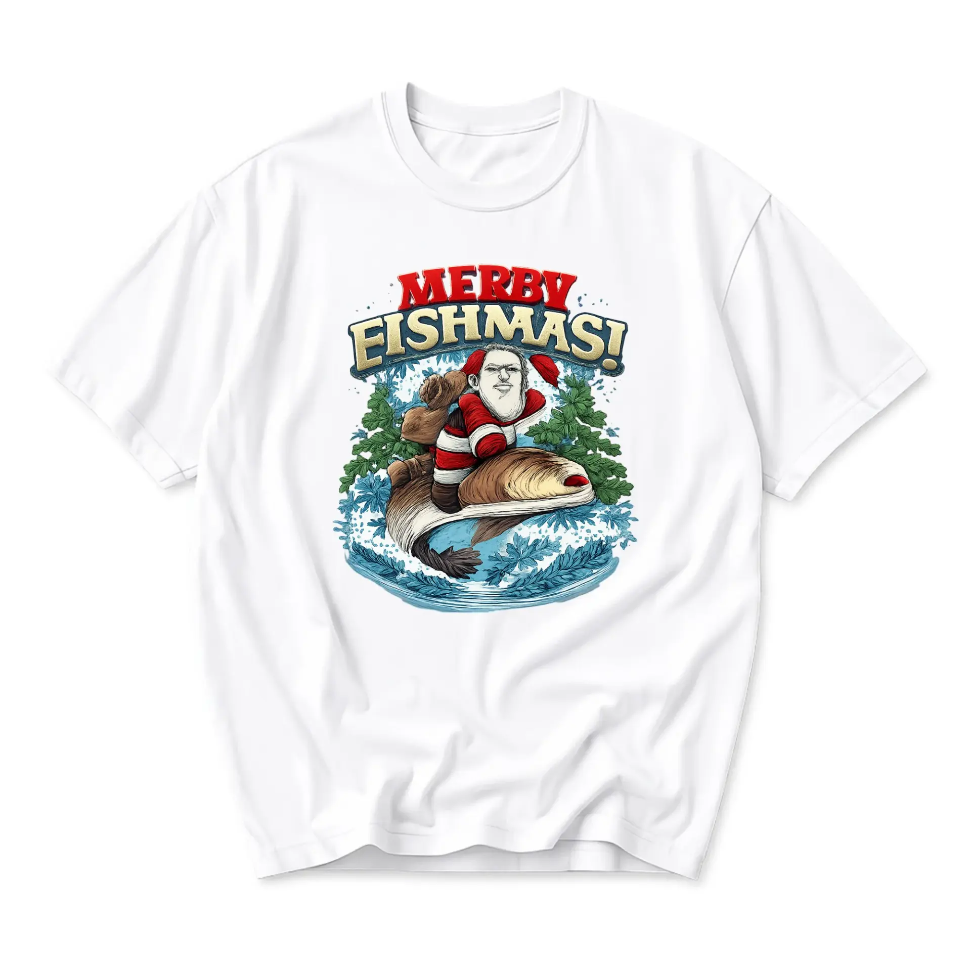 Funny Shirt Merby Fishmas Graphic Tee Humorous Holiday Illustration Crew
