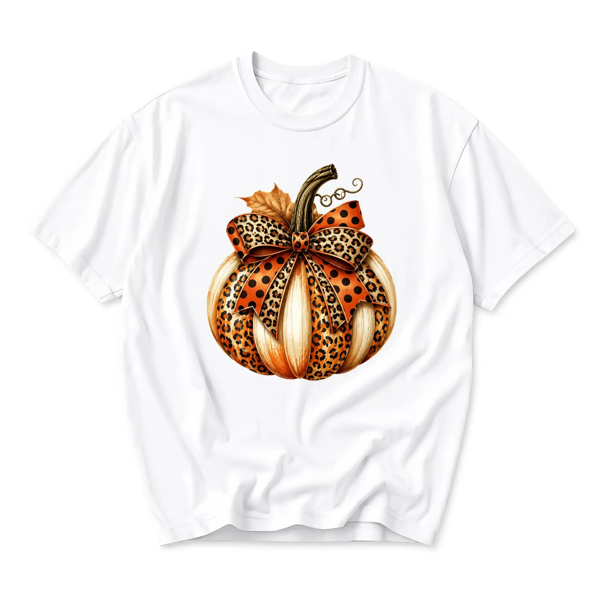Graphic Tee Unisex Pumpkin Shirt with Leopard Print Bow Seasonal Fall Clothing for Everyday Casual Wear Apparel