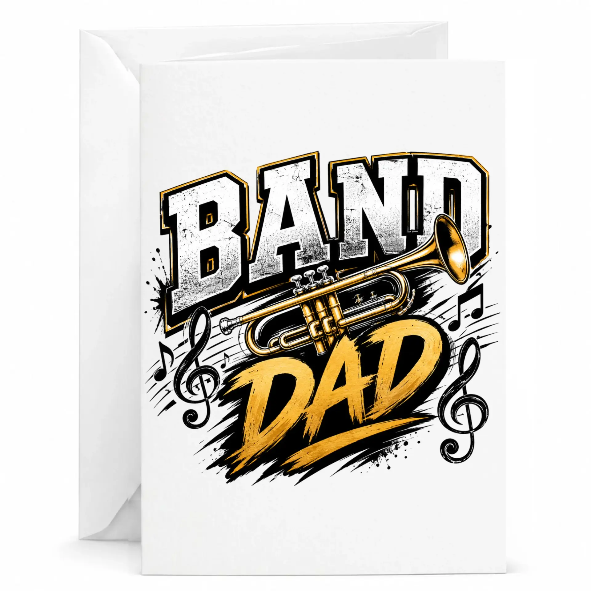 Funny Band Dad Greeting Card for Trumpet Player Musician Parent with Musical Notes Design on Heavyweight Cardstock