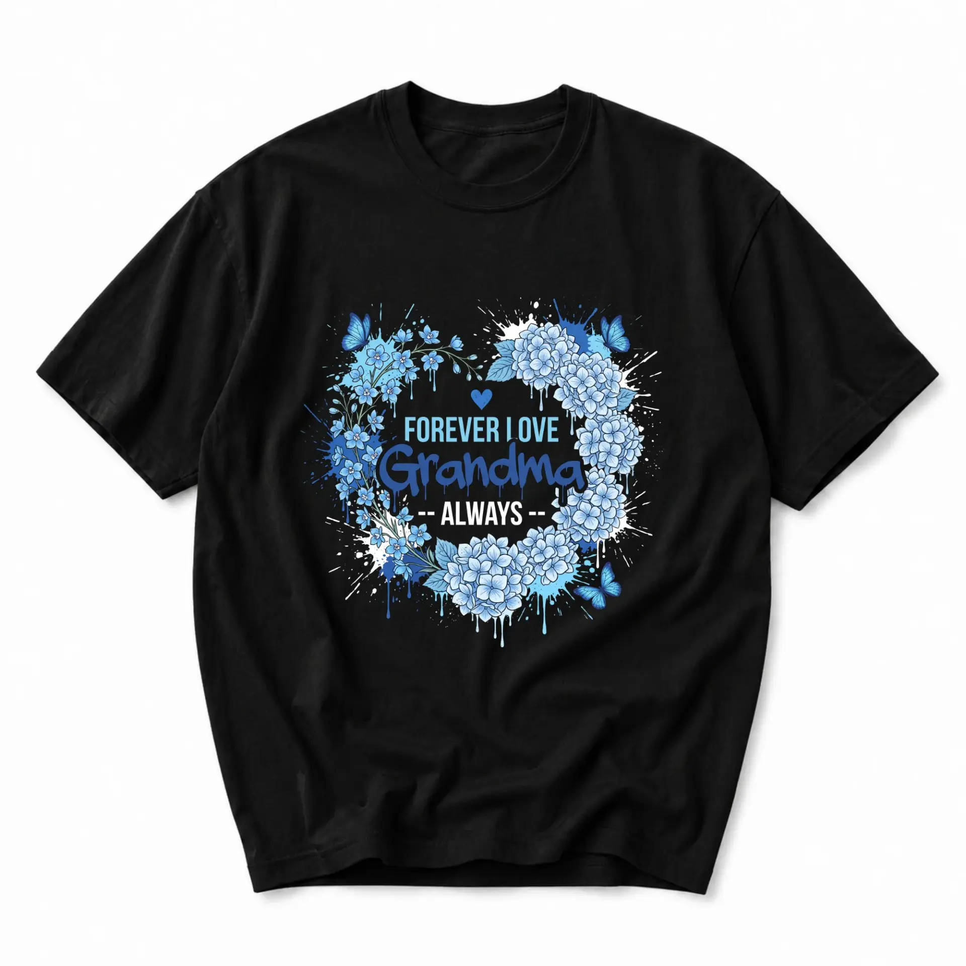 T-shirt Forever I Love Grandma Always Floral Graphic Tee Black Unisex Crew Neck Short Sleeve Cotton Casual Apparel
