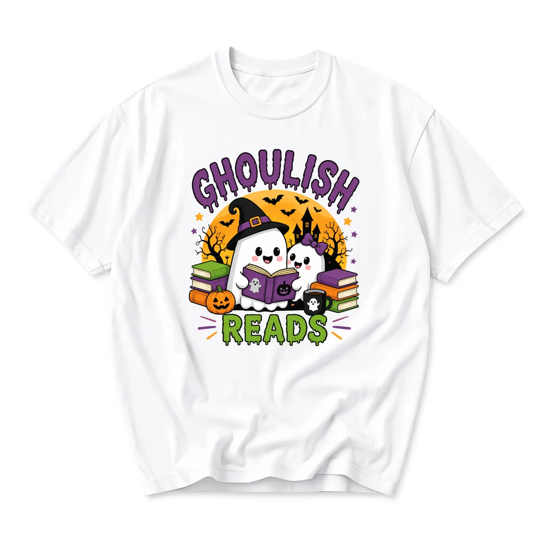 Graphic Tee Ghoulish Reads Ghost Reading Book Halloween Unisex Crew Neck Shirt for Casual Fall Season Wear and Outfits