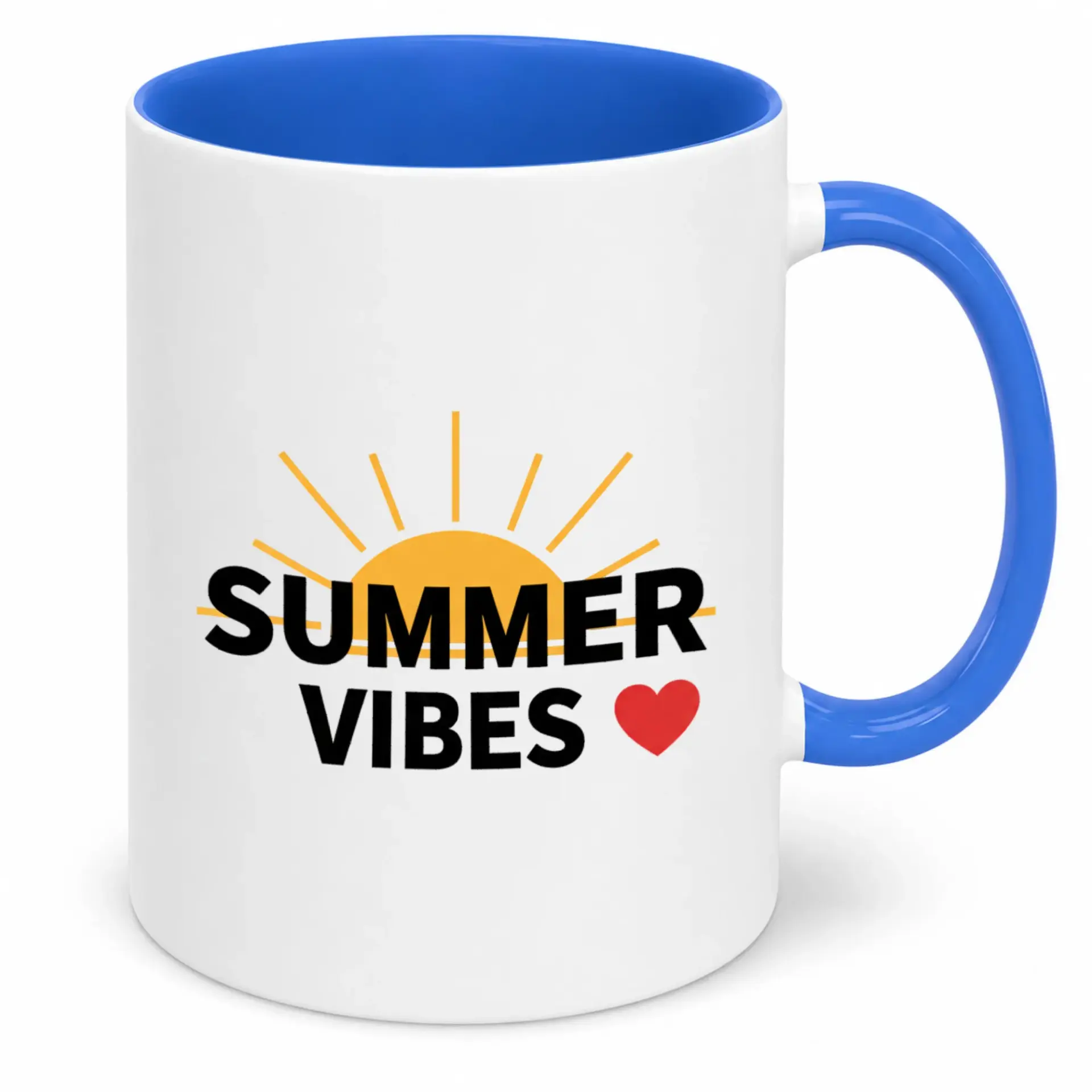 Summer Vibes Coffee Mug with Sun Design, Two-Tone Blue and White Ceramic Mug, 11oz or 15oz Beverage Cup for Home Office