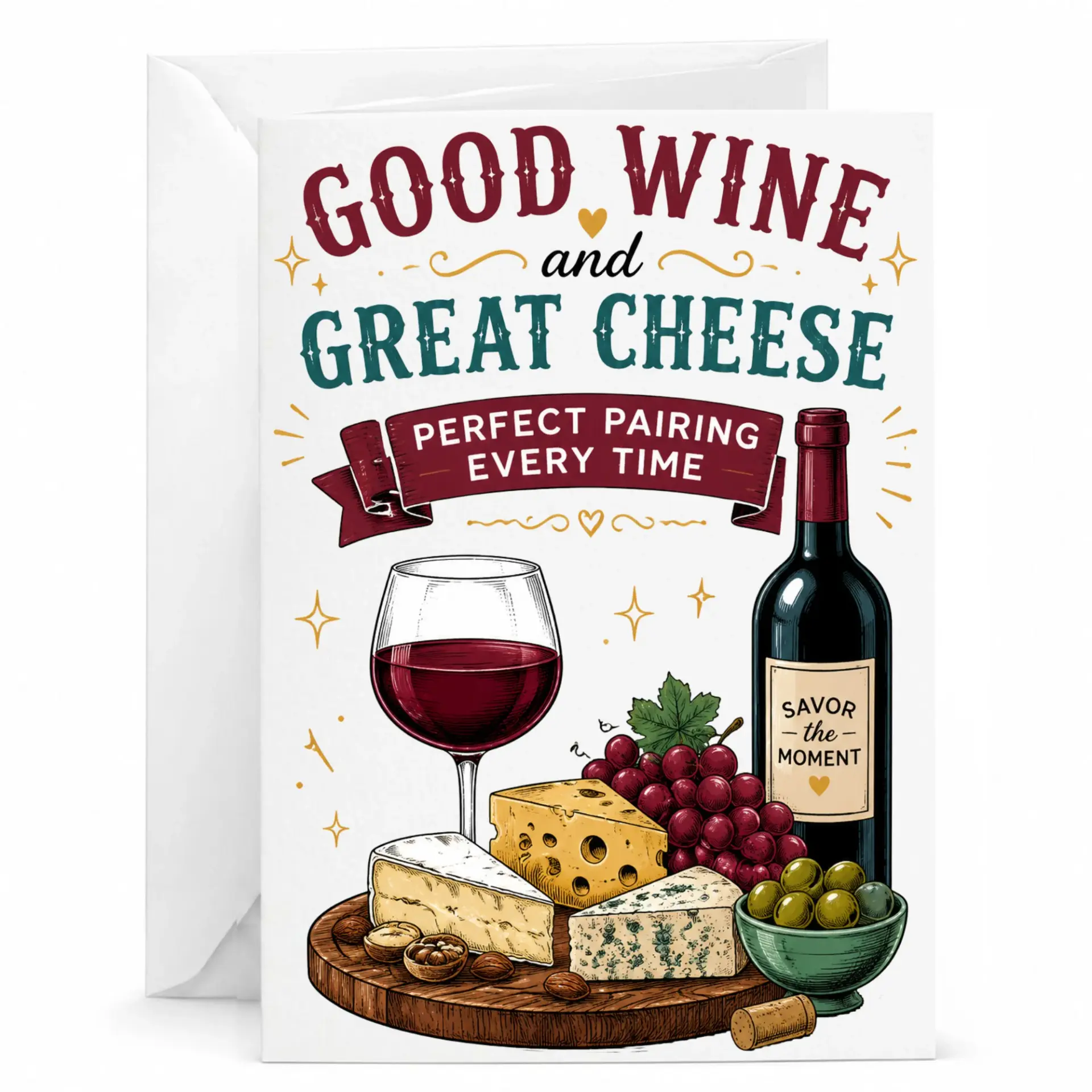 Funny Greeting Card Good Wine and Great Cheese Design for Food Drink Lovers 5x7 Inches Folded with Envelope