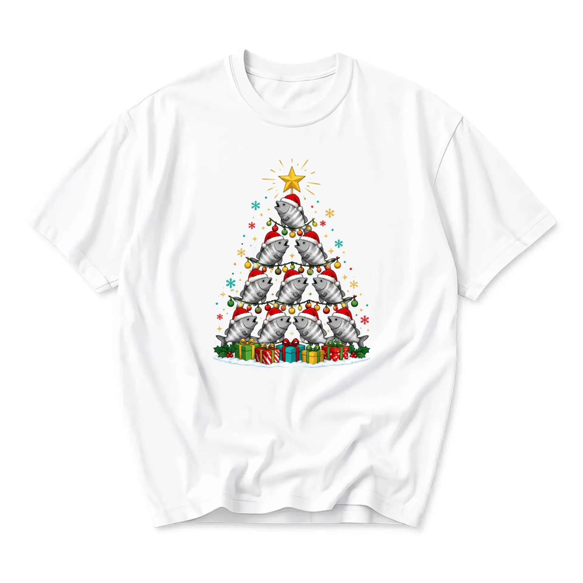 Funny Shirt Christmas Tree Made of Fish Graphic Print Unisex Crew Neck Tee Comfortable Everyday Casual Holiday Apparel