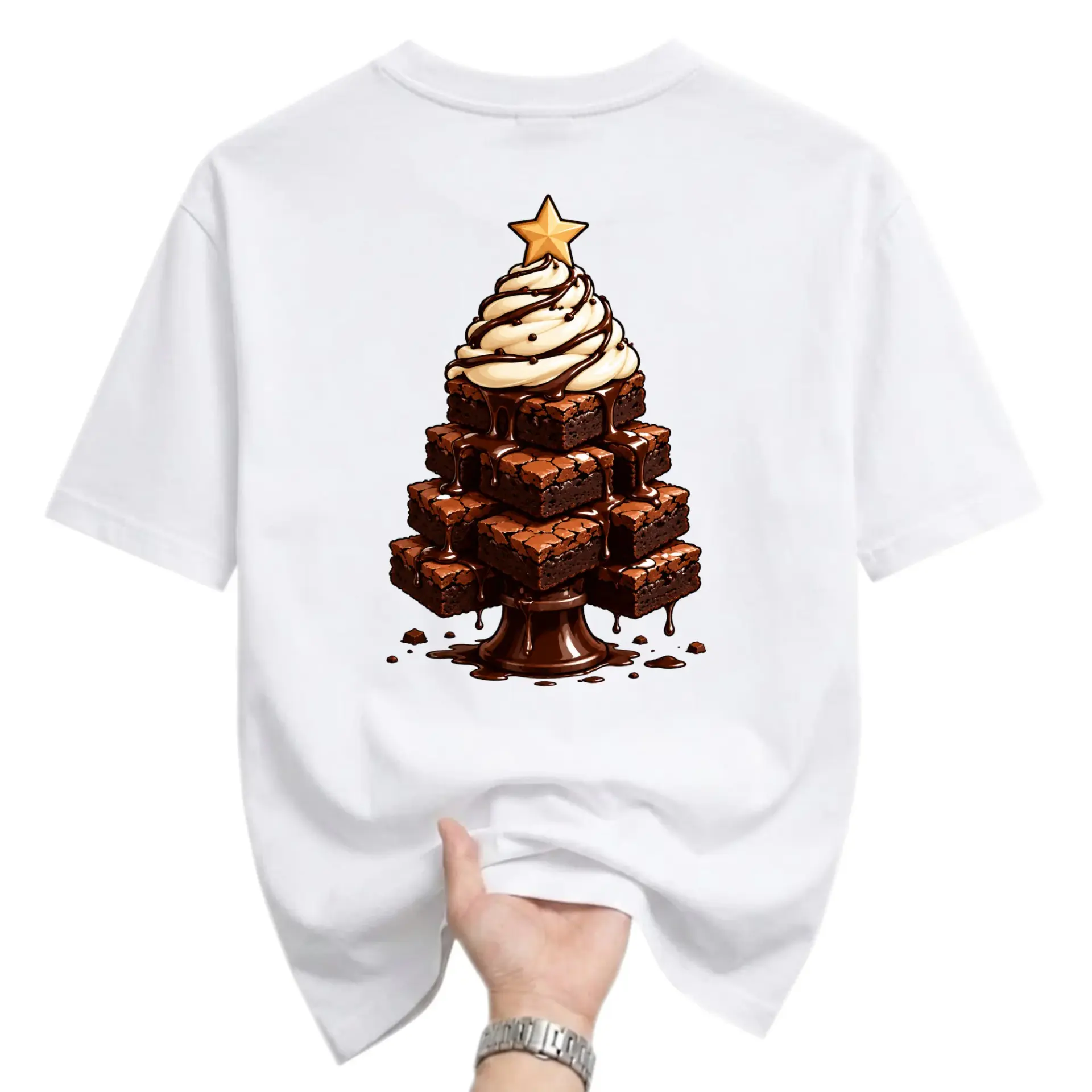 Graphic Tee Unisex Christmas Brownie Tree Shirt Holiday Dessert Inspired Casual Crew Neck Top for Winter Season