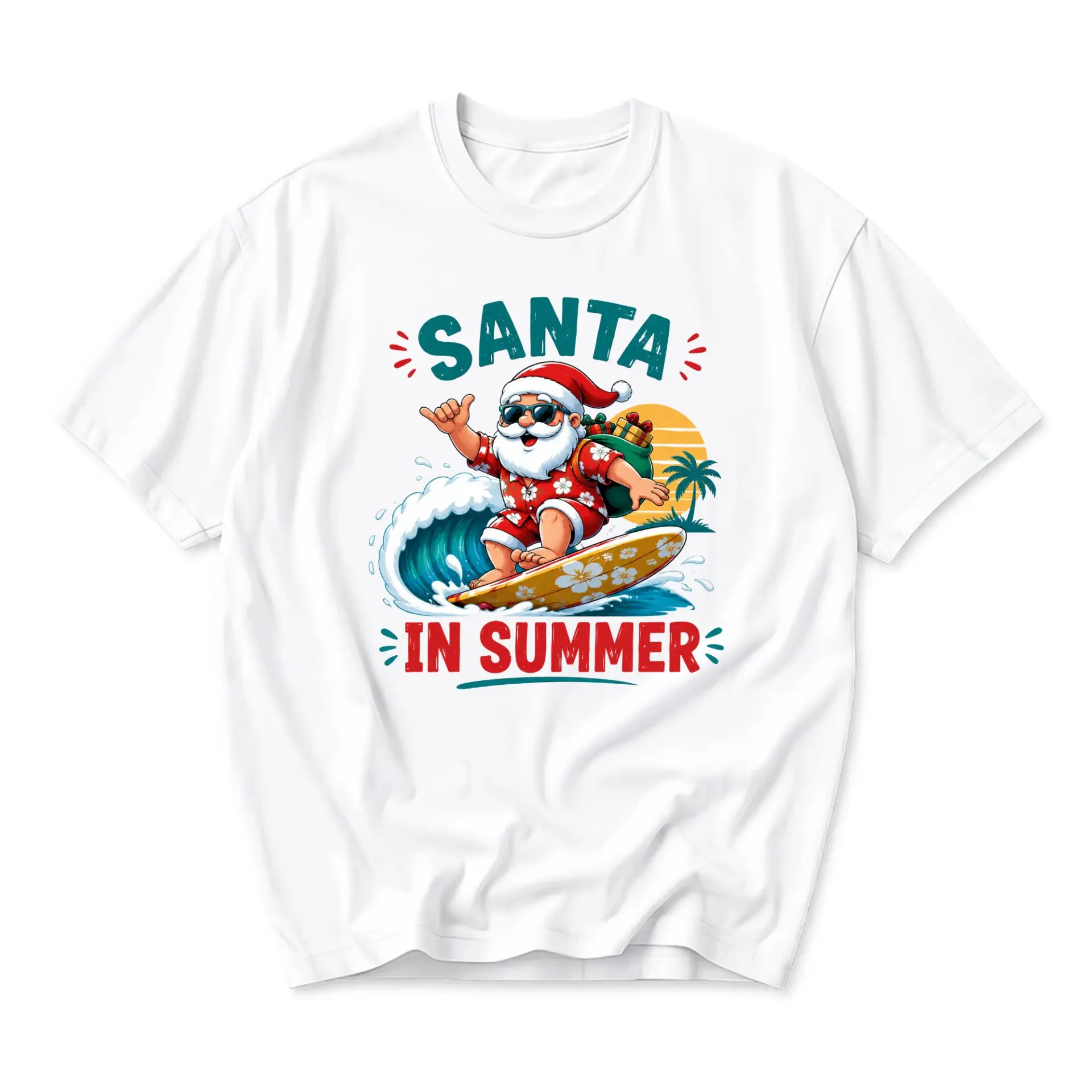 Funny Shirt Santa in Summer Tropical Graphic Tee Casual Unisex Crew Neck Holiday Beach Print Short Sleeve Top