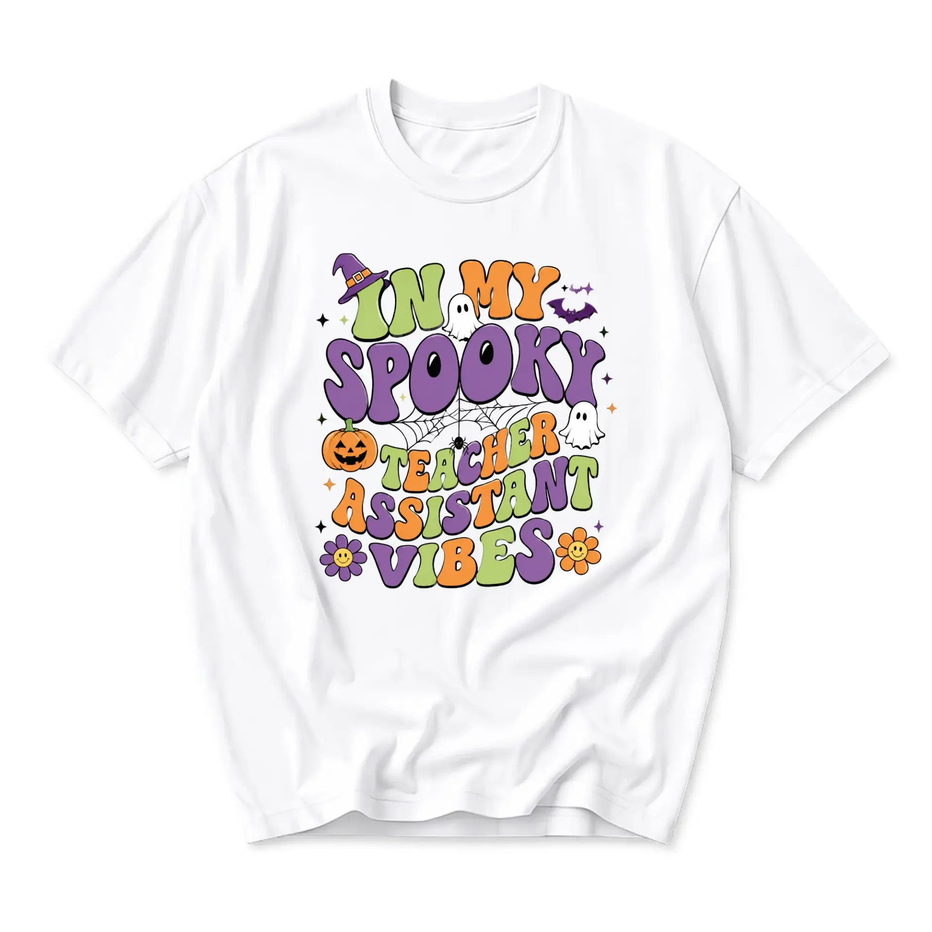 Funny Shirt in My Spooky Teacher Assistant Vibes Graphic Tee Retro Halloween Holiday Casual Cotton Crew Neck Top
