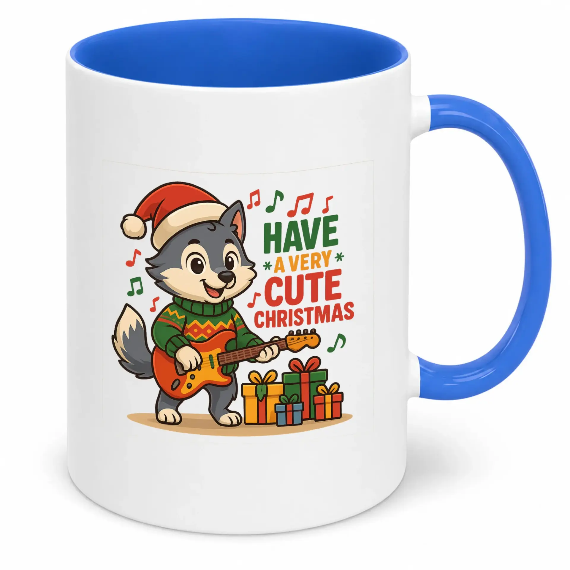 Funny Christmas Wolf Guitar Player Ceramic Coffee Mug with Festive Holiday Design, Unique Winter Beverage Cup for Home & Office Decor