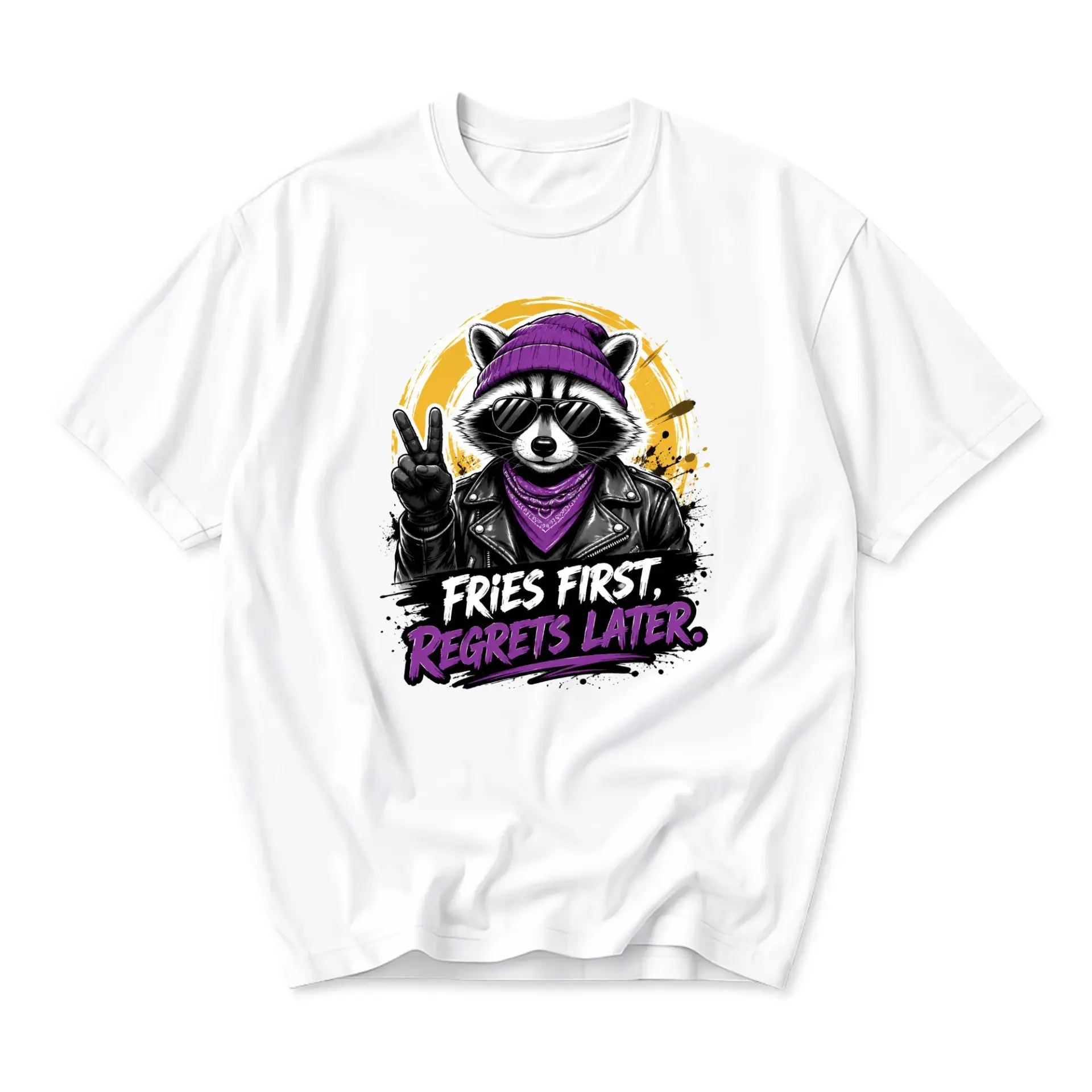 Funny Shirt Fries First Regrets Later Raccoon Graphic Tee Unisex Casual Crew Neck Soft Cotton Everyday Apparel