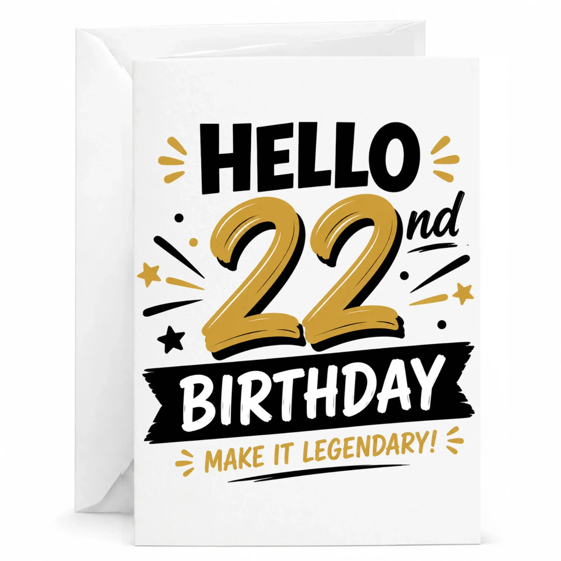 Birthday Card for 22nd Birthday Celebration Modern Gold and Black Typography Design Elegant Milestone Greeting Card