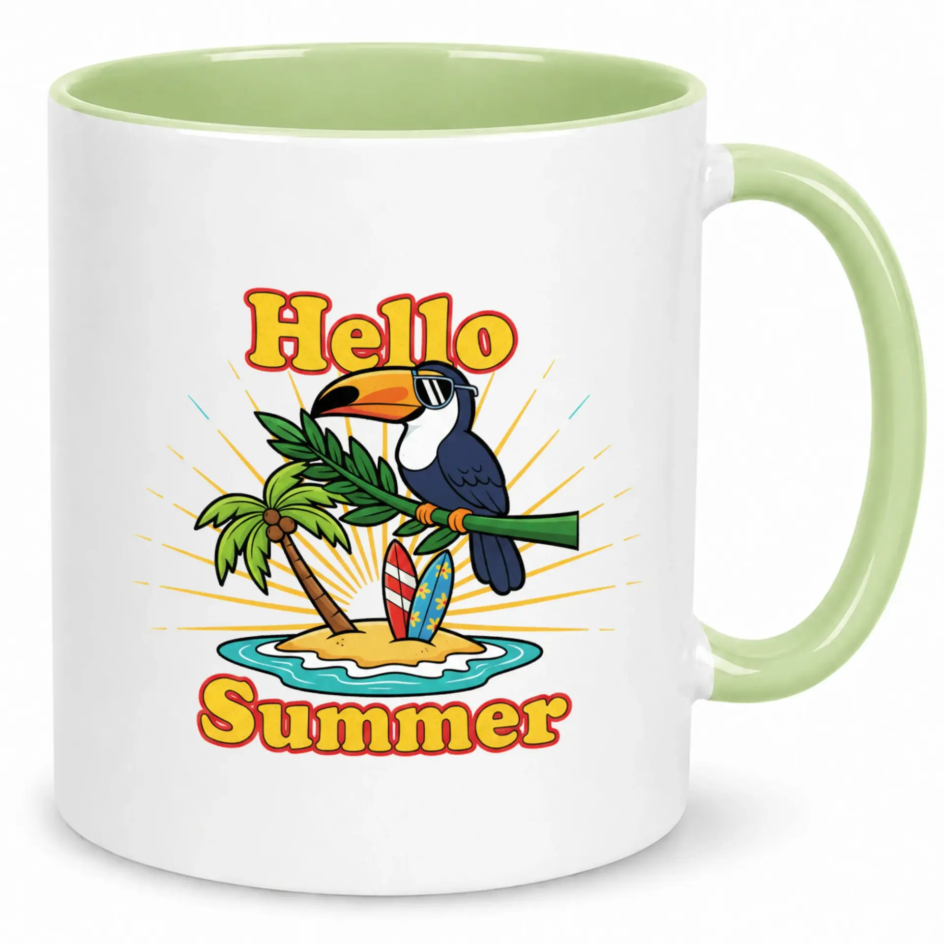 Funny Hello Summer Coffee Mug with Tropical Toucan and Palm Tree Design, Ceramic Beverage Cup for Beach Lovers and Vacation Vibes