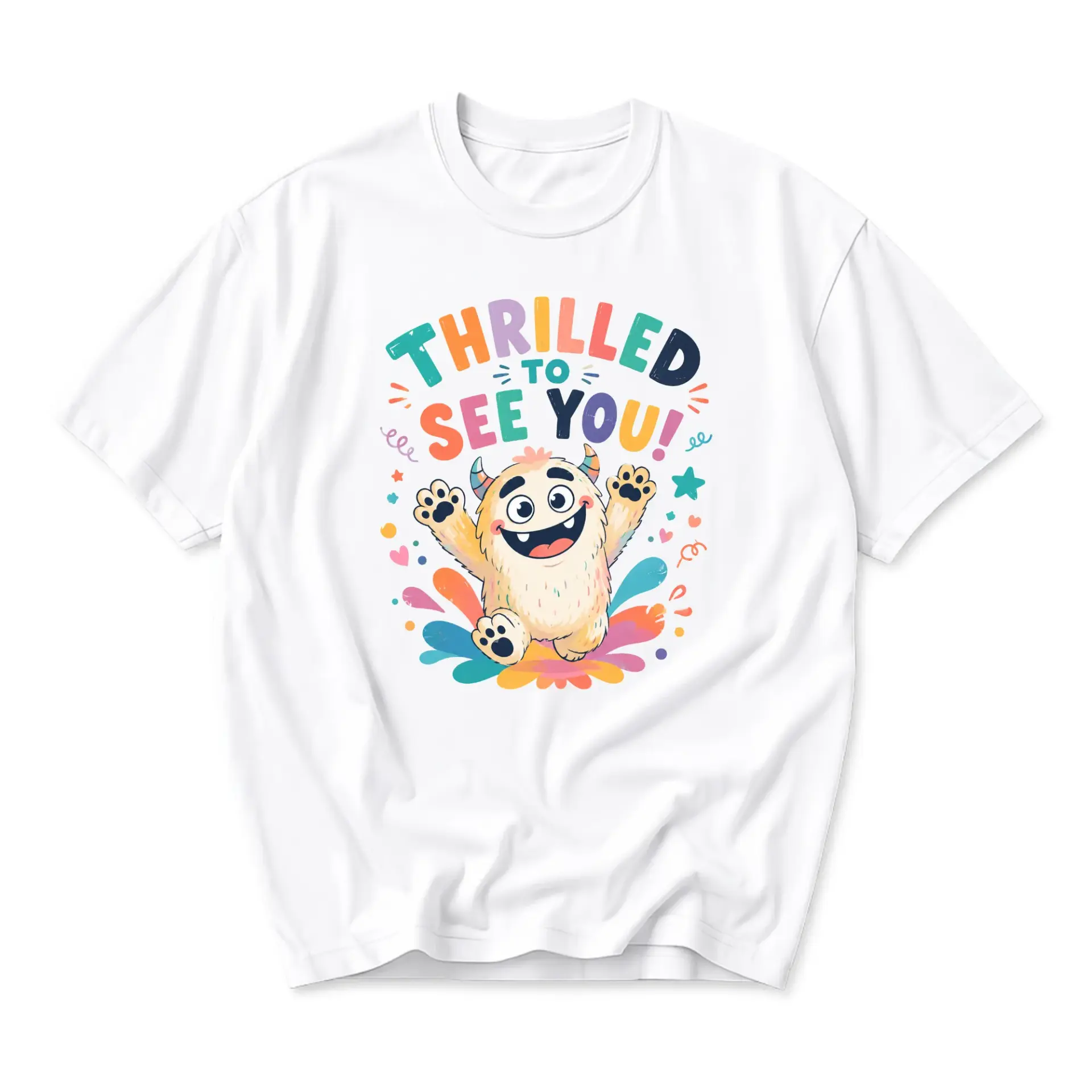 Funny Shirt Thrilled to See You Cute Monster Graphic Tee Casual Unisex Crew Neck Short Sleeve Cotton Apparel White